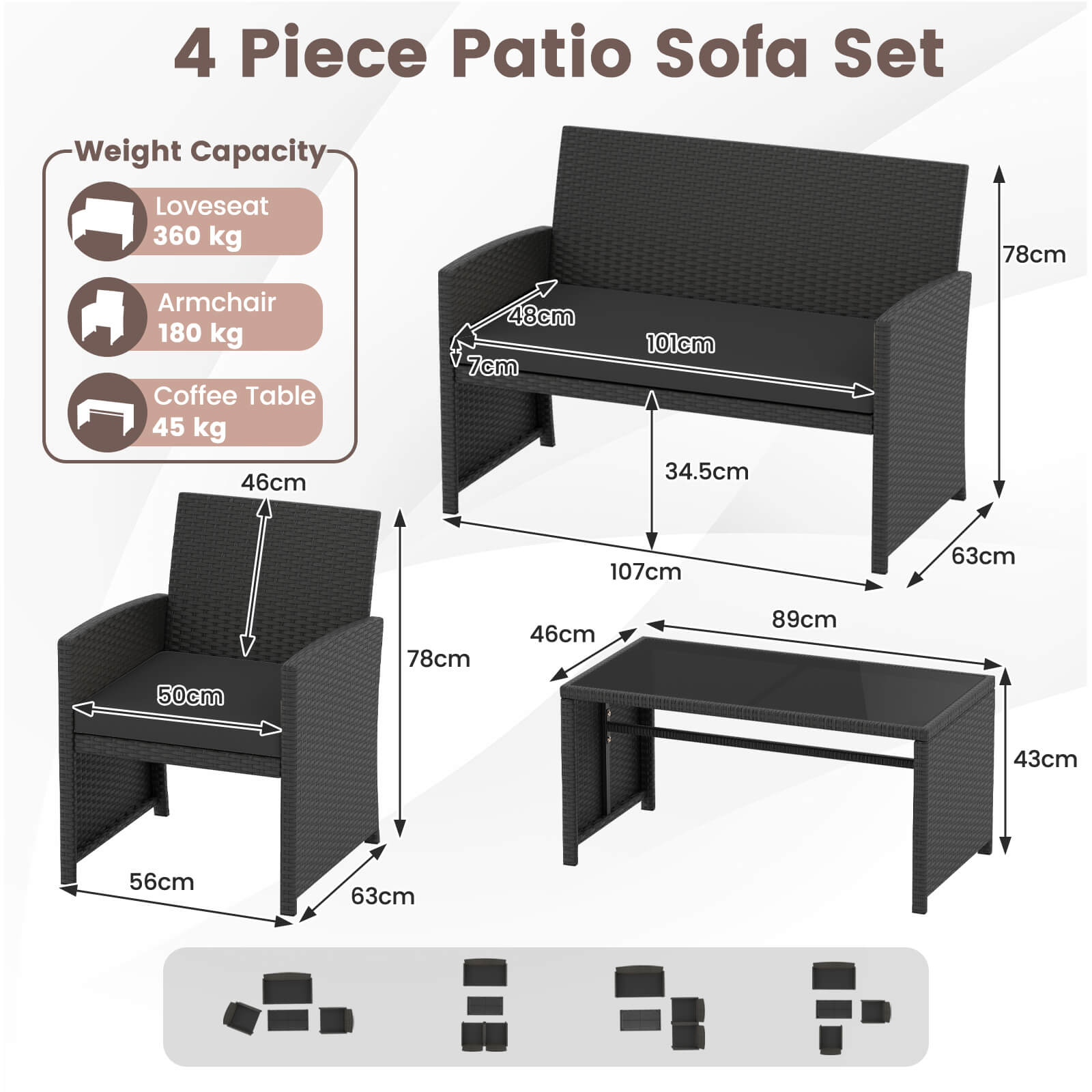 Alt View 2. Costway - Costway 4 PCS Patio Conversation Set with Seat Cushions & Tempered Glass Tabletop, Porch - Black+Black.