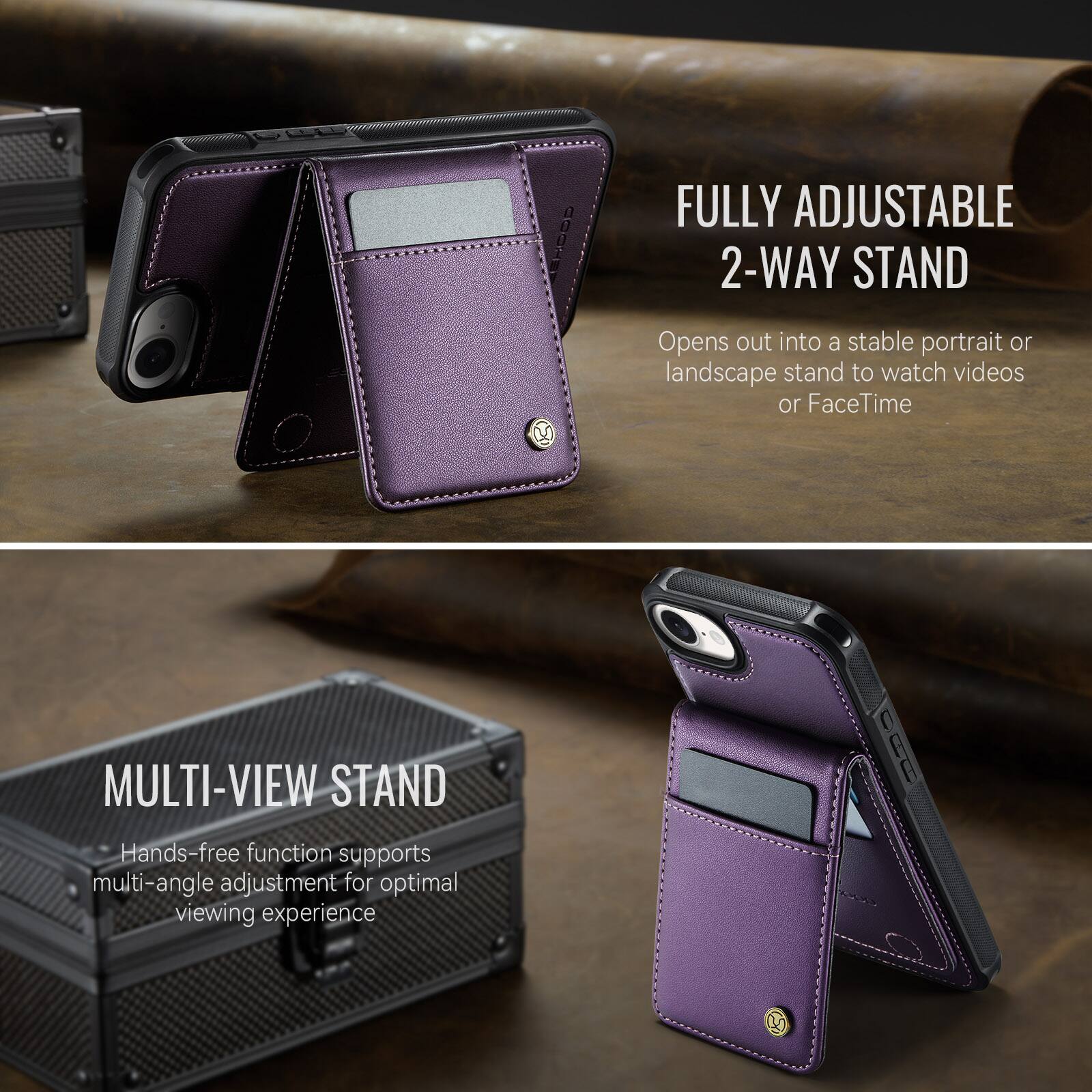 FULLY ADJUSTABLE 2-WAY STAND  
Opens out into a stable portrait or landscape stand to watch videos or FaceTime

MULTI-VIEW STAND  
Hands-free function supports multi-angle adjustment for optimal viewing experience