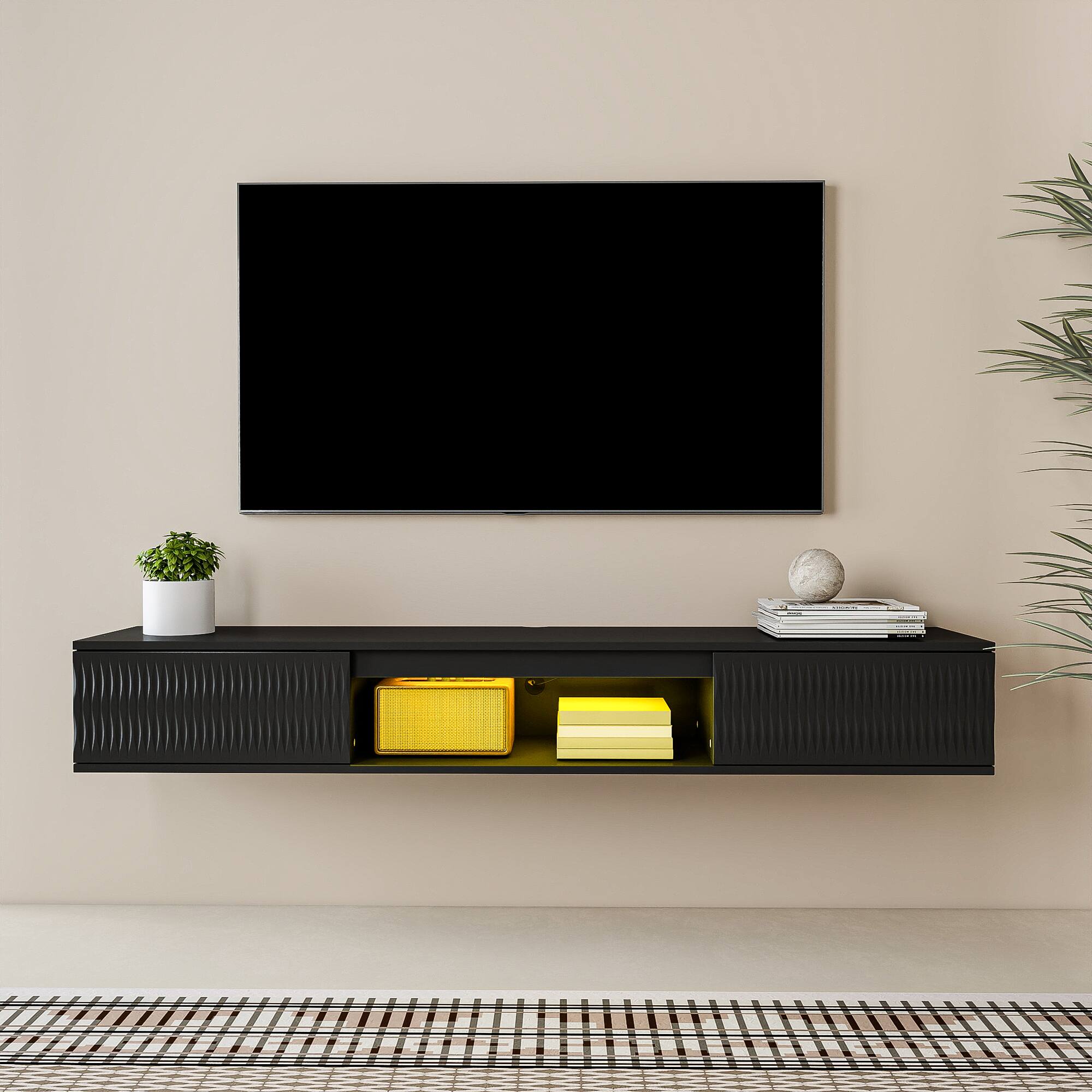 Back. Kadyn - Wall-Mounted Floating TV Stand with LED Lighting and Twisted Texture Design - Black.