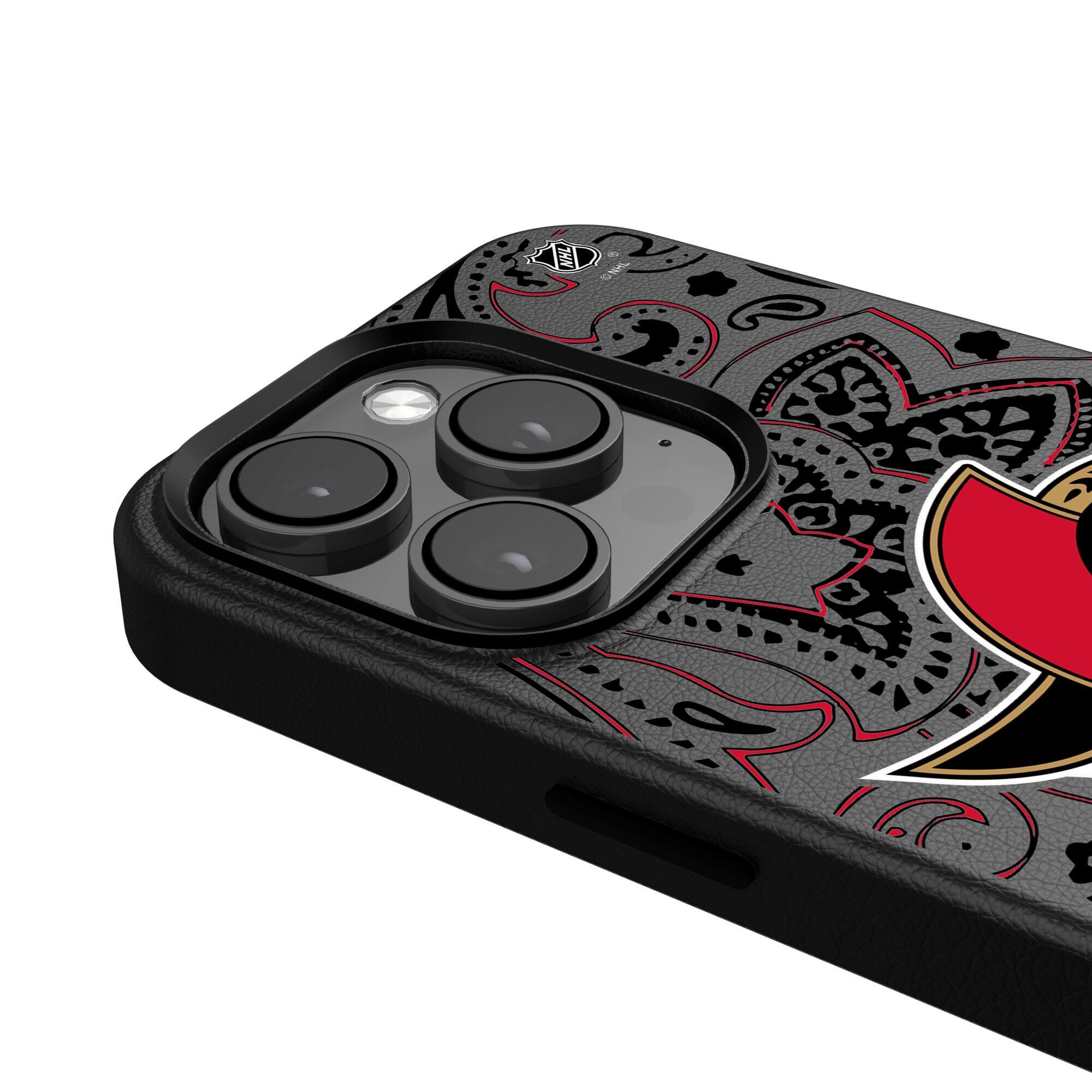 Alt View 3. Keyscaper - Black Ottawa Senators Paisley iPhone Magnetic Bump Case - 16 Pro Max - Black.