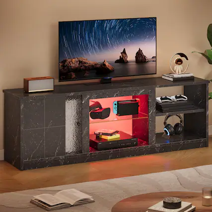 Front. Pinmoco - Pinmoco - 70" LED Marble TV Stand with Bookshelves & Cabinet - Marble Black - Marble Black.