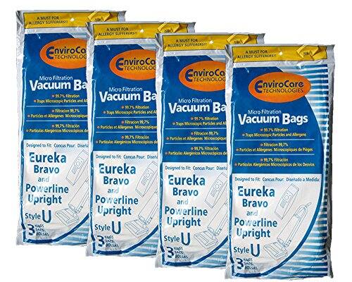 A MUST FOR ALLERGY SUFFERERS!!  
A MUST FOR ALLERGY SUFFERERS  
A MUST FOR ALLERGY SUFFERERS  
EnviroCare TECHNOLOGIES Micro Filtration Vacuum Bags  
99.7% Filtration Traps Particles and Allergens  
Designed to Fit Eureka Powerline and Bravo Upright Style U  
3 Bags