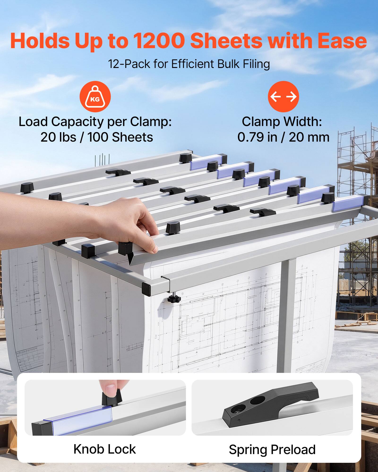 Holds Up to 1200 Sheets with Ease  
12-Pack for Efficient Bulk Filing  

Load Capacity per Clamp:  
20 lbs / 100 Sheets  

Clamp Width:  
0.79 in / 20 mm  

Knob Lock  
Spring Preload