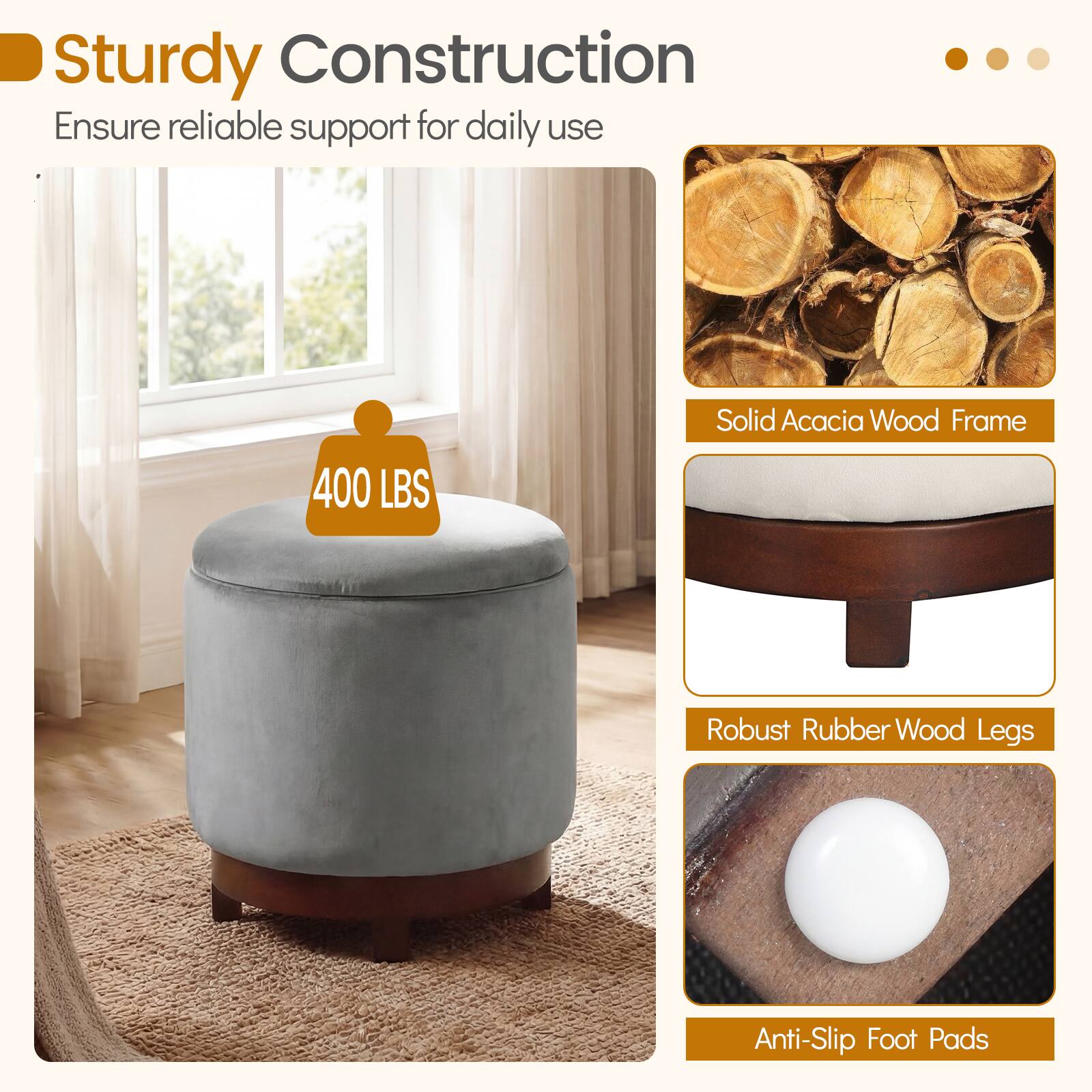 Sturdy Construction  
Ensure reliable support for daily use.

- Solid Acacia Wood Frame
- Robust Rubber Wood Legs
- Anti-Slip Foot Pads

400 LBS