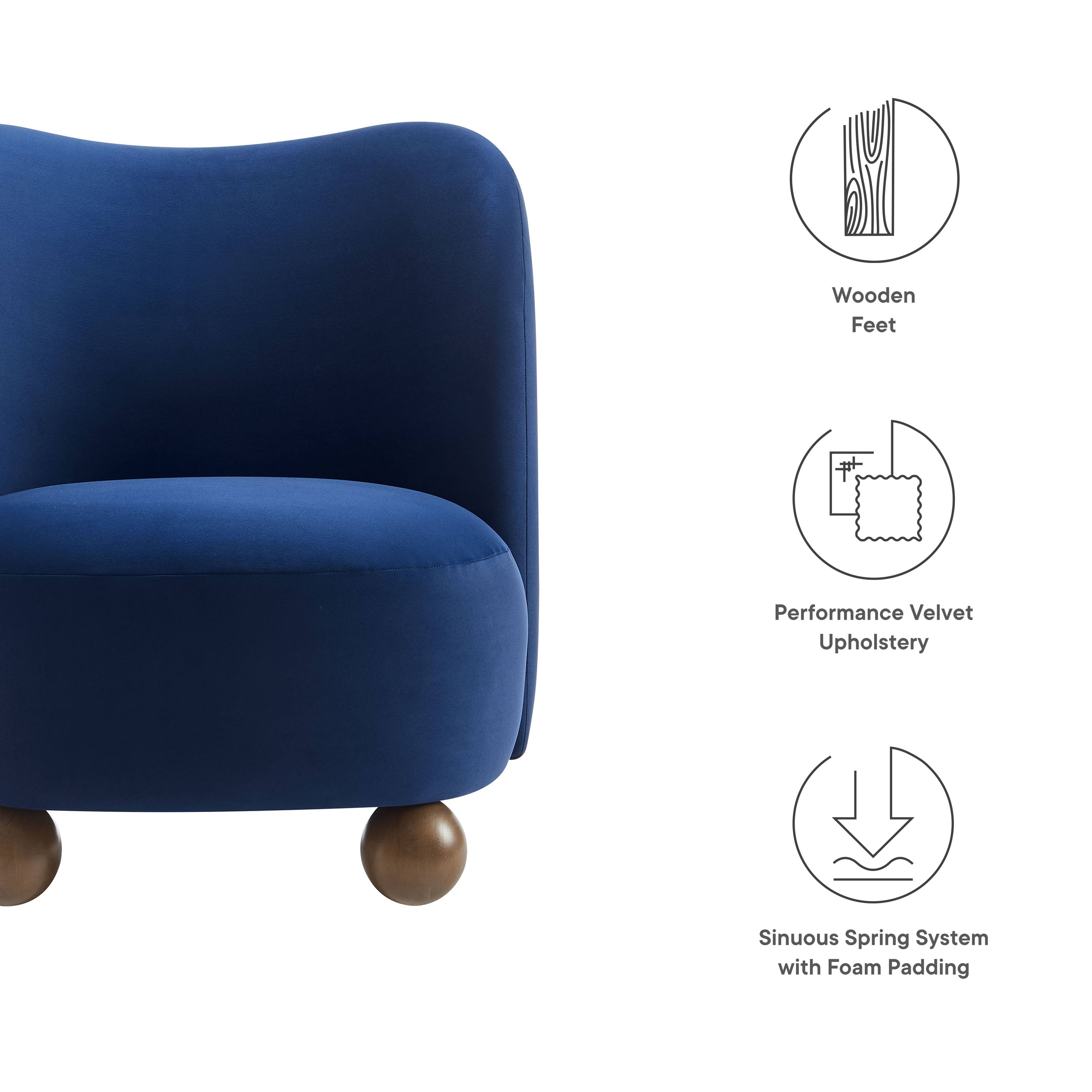 - Wooden Feet
- Performance Velvet Upholstery
- Sinuous Spring System with Foam Padding