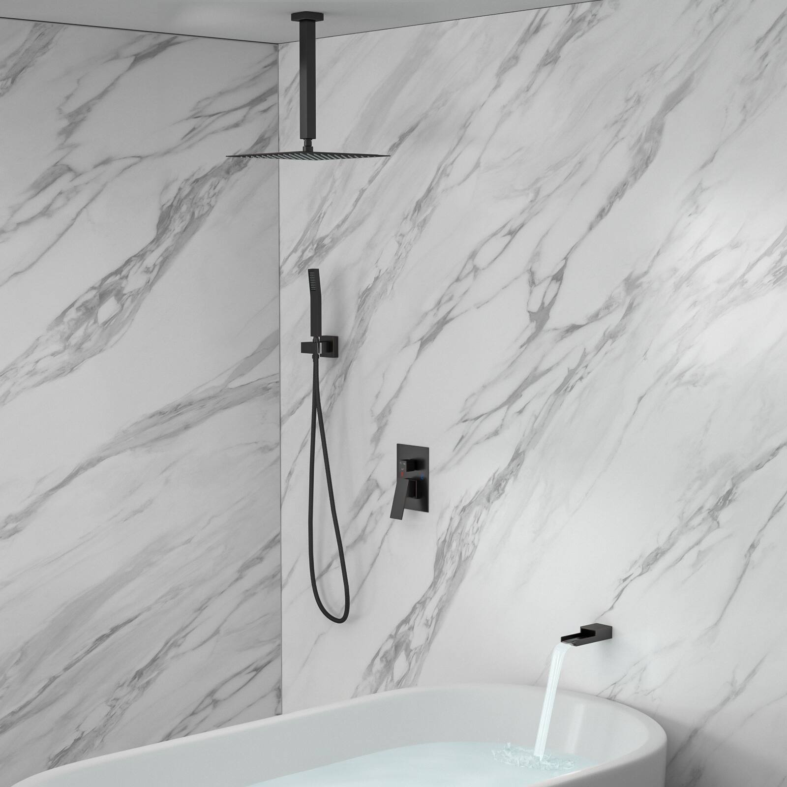 Left. Lordear - Shower System with Waterfall Tub Spout,12 Inch Ceiling Mount Square Shower System with Rough-in Valve,Oil Rubber Bronze - Oil Rubber Bronze.