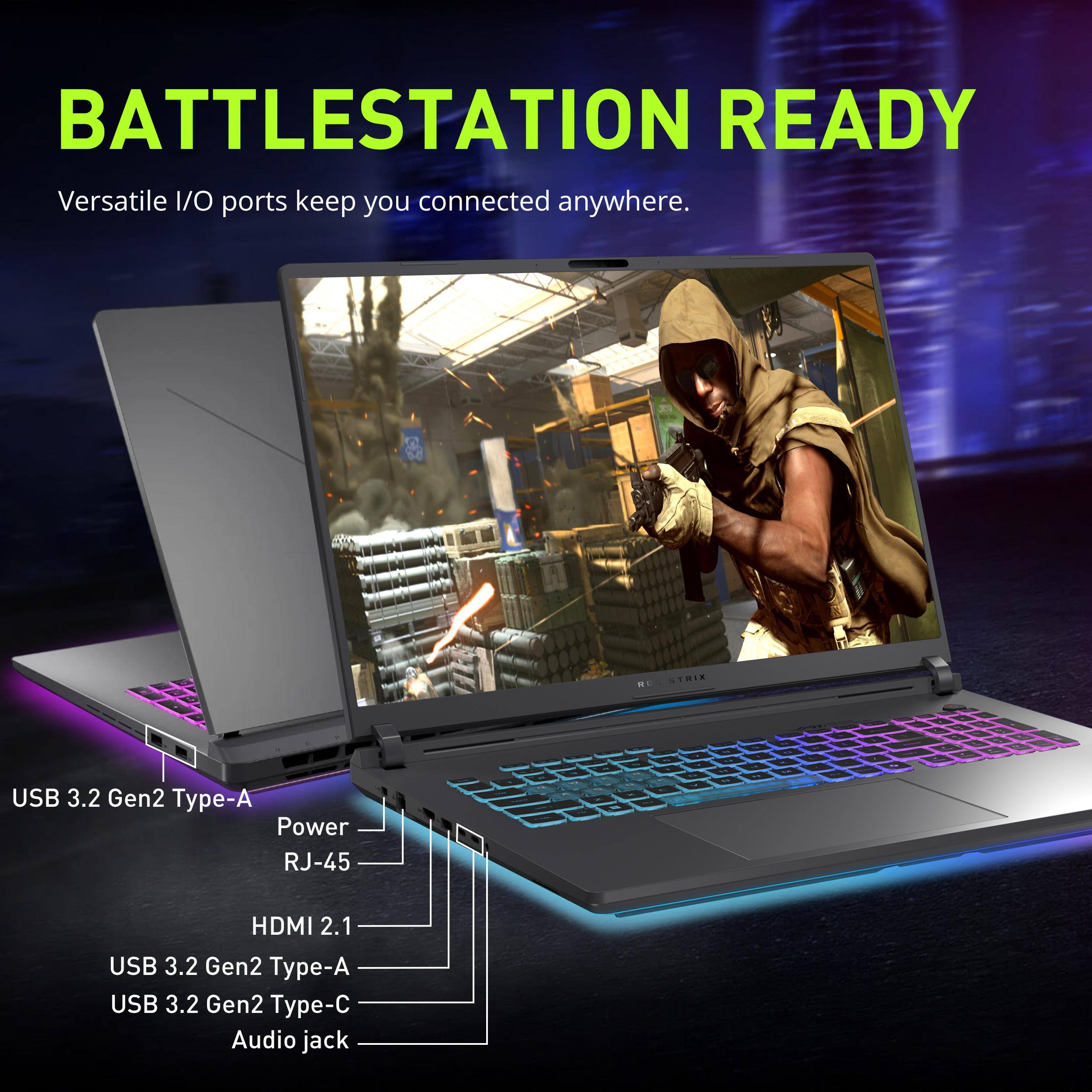 BATTLESTATION READY  
Versatile I/O ports keep you connected anywhere.  

- USB 3.2 Gen2 Type-A  
- Power  
- RJ-45  
- HDMI 2.1  
- USB 3.2 Gen2 Type-A  
- USB 3.2 Gen2 Type-C  
- Audio jack