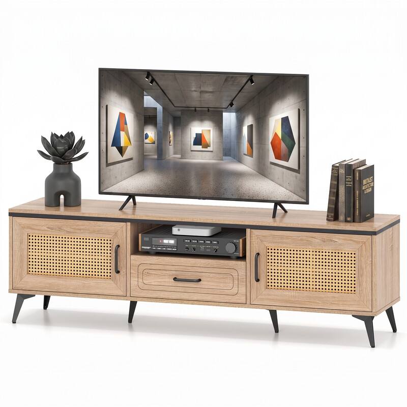 Left. WELLFOR - Mid Century Modern TV Stand for TVs up to 65 In,Entertainment Center Media Console Table with 2 Rattan Door and Drawer - Oak.