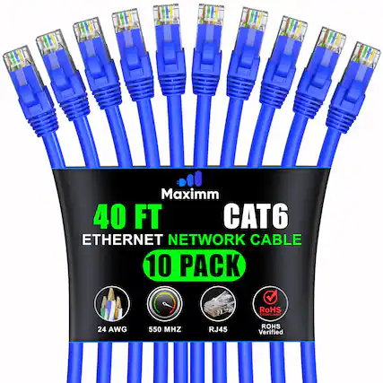 Maximm 40 FT CAT6 ETHERNET NETWORK CABLE 10 PACK RoHS COMPLIANT 24 AWG 550 MHZ RJ45 ROHS Verified