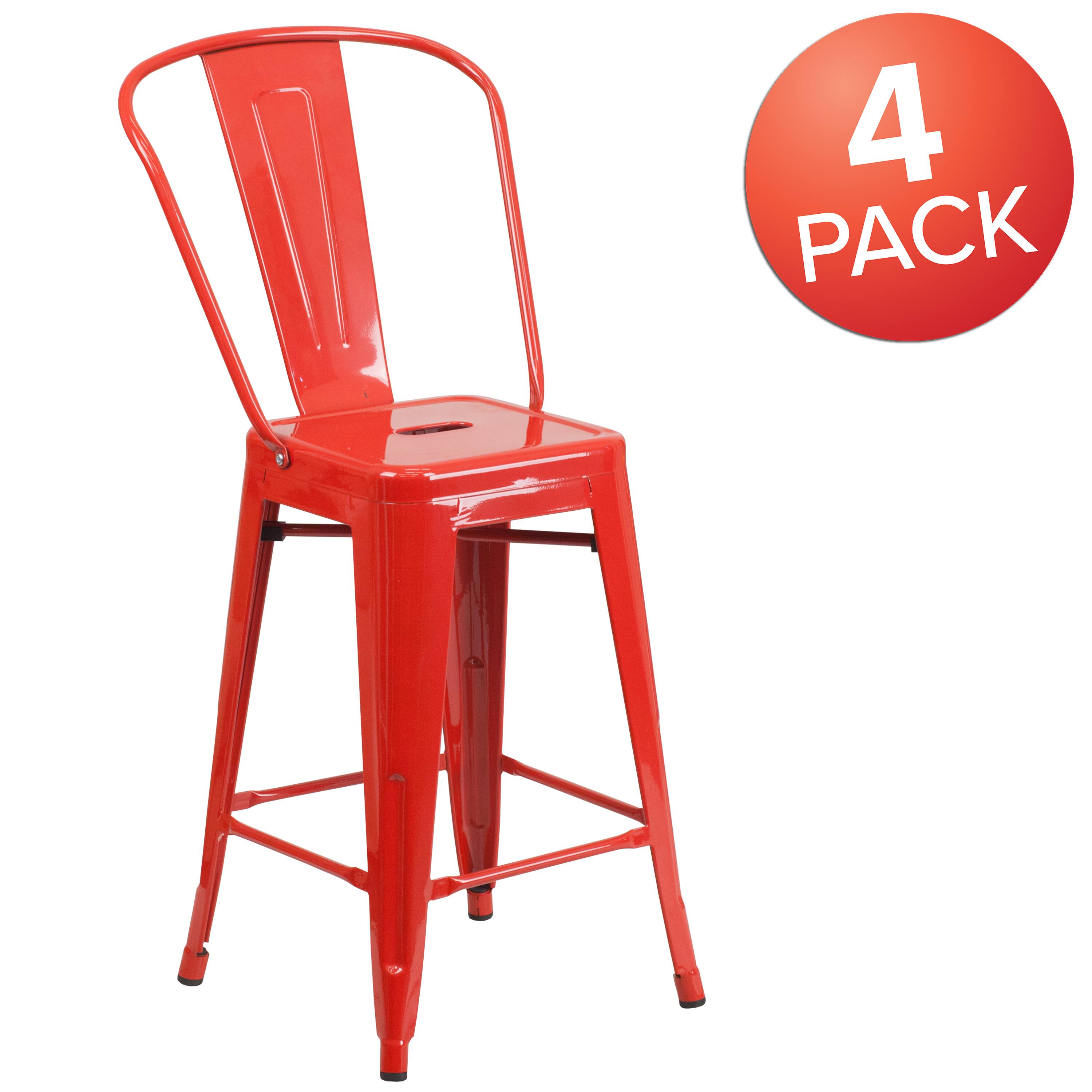 Alt View 1. Emma + Oliver - Commercial Grade 4 Pack 24" High Metal Indoor-Outdoor Counter Height Stool with Back - Red.