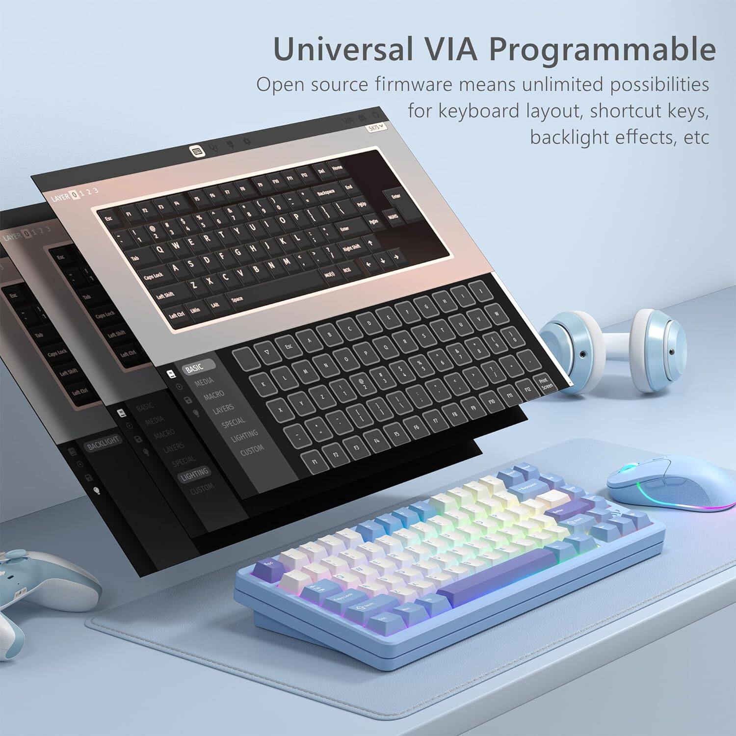 Universal VIA Programmable  
Open source firmware means unlimited possibilities for keyboard layout, shortcut keys, backlight effects, etc