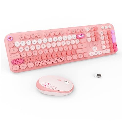 Stamp n Camp - Wireless And Mouse Cute Keyboards With Colorful 68 Keys Typewriter Retro Round Keycap For Pc Laptop Tablet Computer - LOVELY Pink Colorful