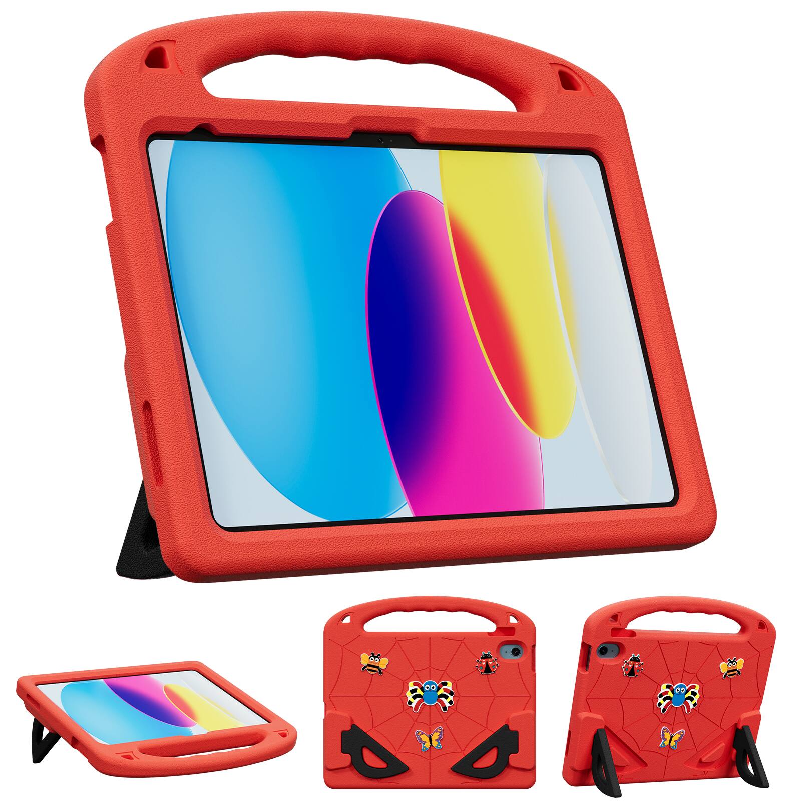 Angle. UUCOVER - Kids Case for iPad (A16) 11-inch 2025 / iPad 10th Generation 10.9-inch 2022,Shockproof EVA Case Handle Kickstand Cover - Red/Black.