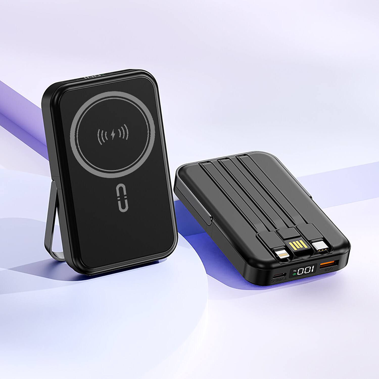 Left. Alpha Digital - 10,000mAh Magnetic Wireless Charge Power Bank with metal stand + built-in cables - Black.