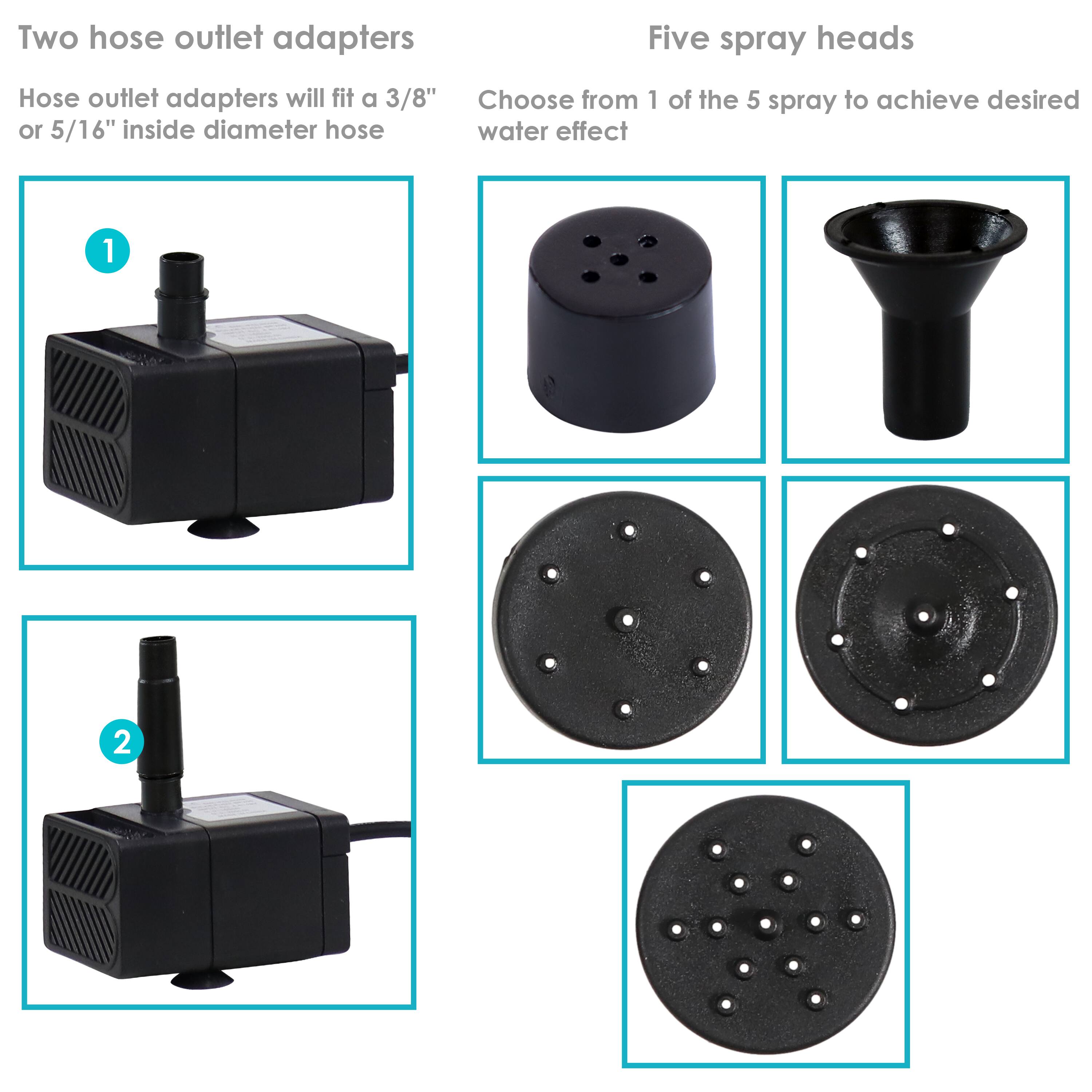 Two hose outlet adapters  
Hose outlet adapters will fit a 3/8" or 5/16" inside diameter hose  

Five spray heads  
Choose from 1 of the 5 spray to achieve desired water effect