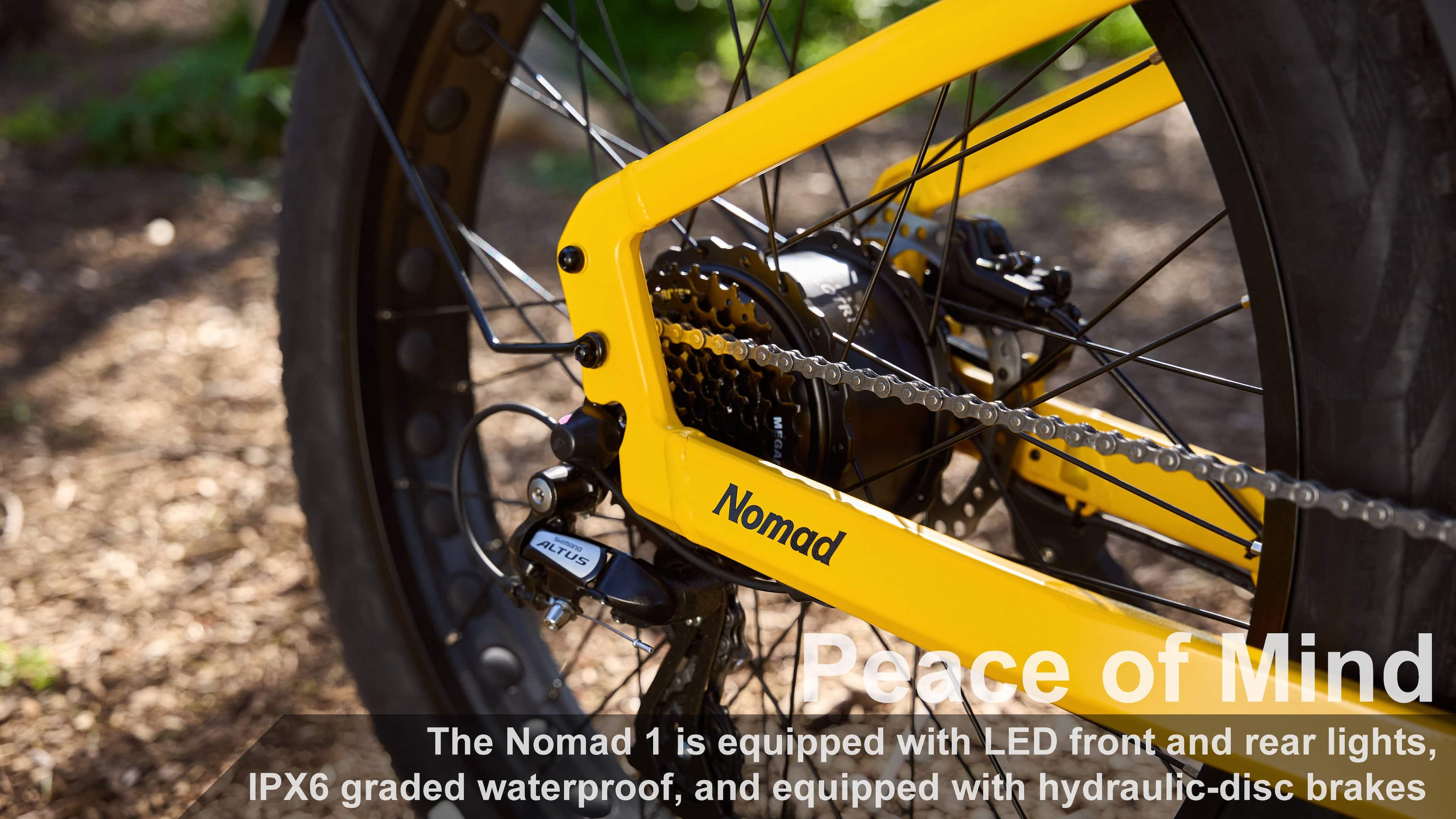 The Nomad 1 is equipped with LED front and rear lights, IPX6 graded waterproof, and hydraulic-disc brakes.