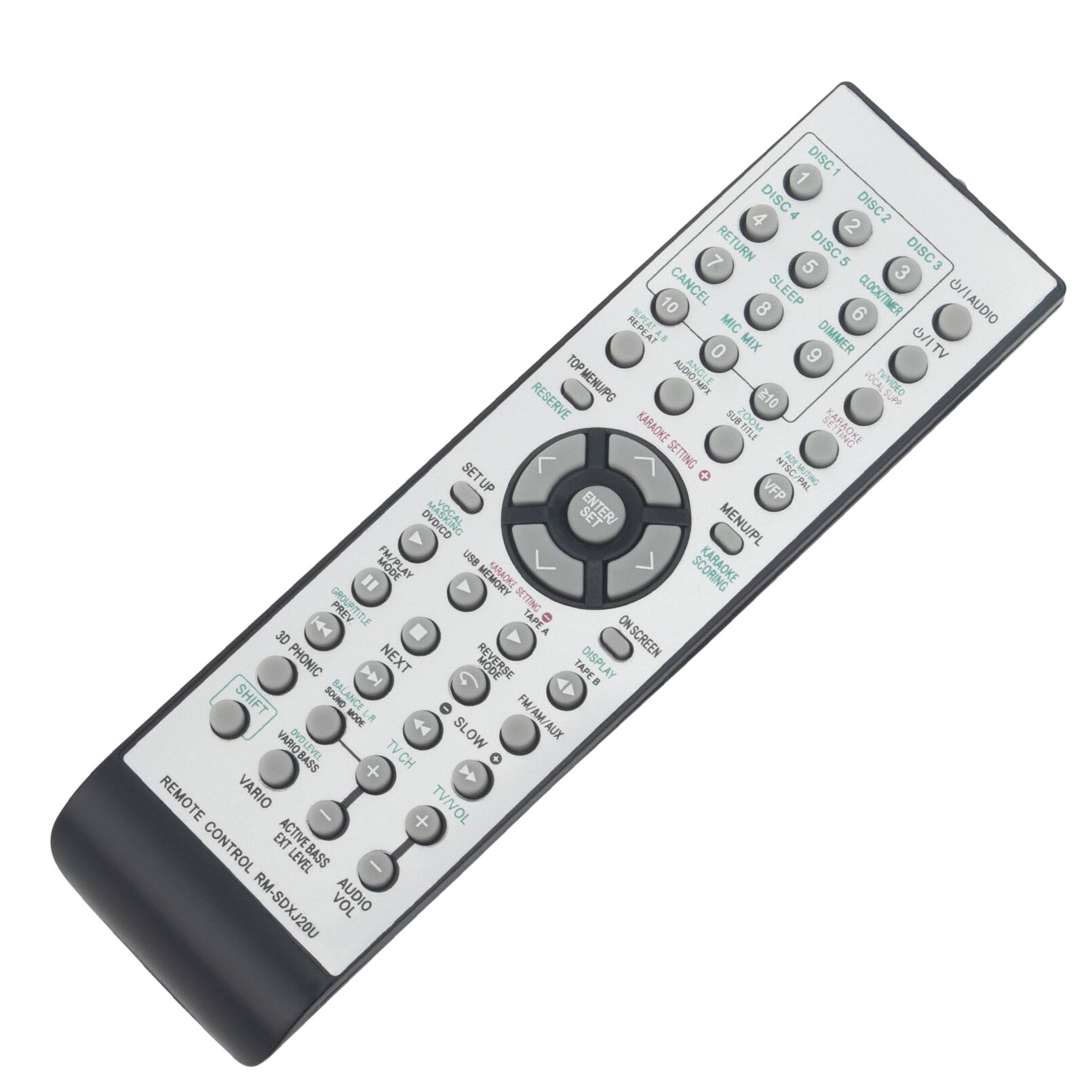 DISC 1  
DISC 2  
DISC 3  
RETURN  
SLEEP  
CANCEL  
MIC  
MIX  
DIMMER  
TV/VIDEO  
TOP MENU/PG  
AUDIO/MPX  
VOCAL  
TV/VIDEO  
RESERVE  
KARAOKE  
TITLE  
SETTING  
FAC/SET  
NTSC/PAL  
TV/VIDEO  
DVD/CD  
ENTER  
MENU/PLAY  
USABLE  
MEMORY  
SCORING  
PREV  
GROUP  
TITLE  
ON/ILLIS  
TAPE  
NEXT  
ON/SCREEN  
PHONIC  
REVERSE  
MODE  
DISPLAY  
LAY  
SHIFT  
SOUND  
BALA  
FM/AM/AUX  
VARIOBASS  
SLOW  
TV/VIDEO  
REMOTE  
CONTROL  
EXT  
ACTIVEBASS LEVEL  
VOL  
AUDIO  
REMOTE CONTROL RM-SDXJ20U