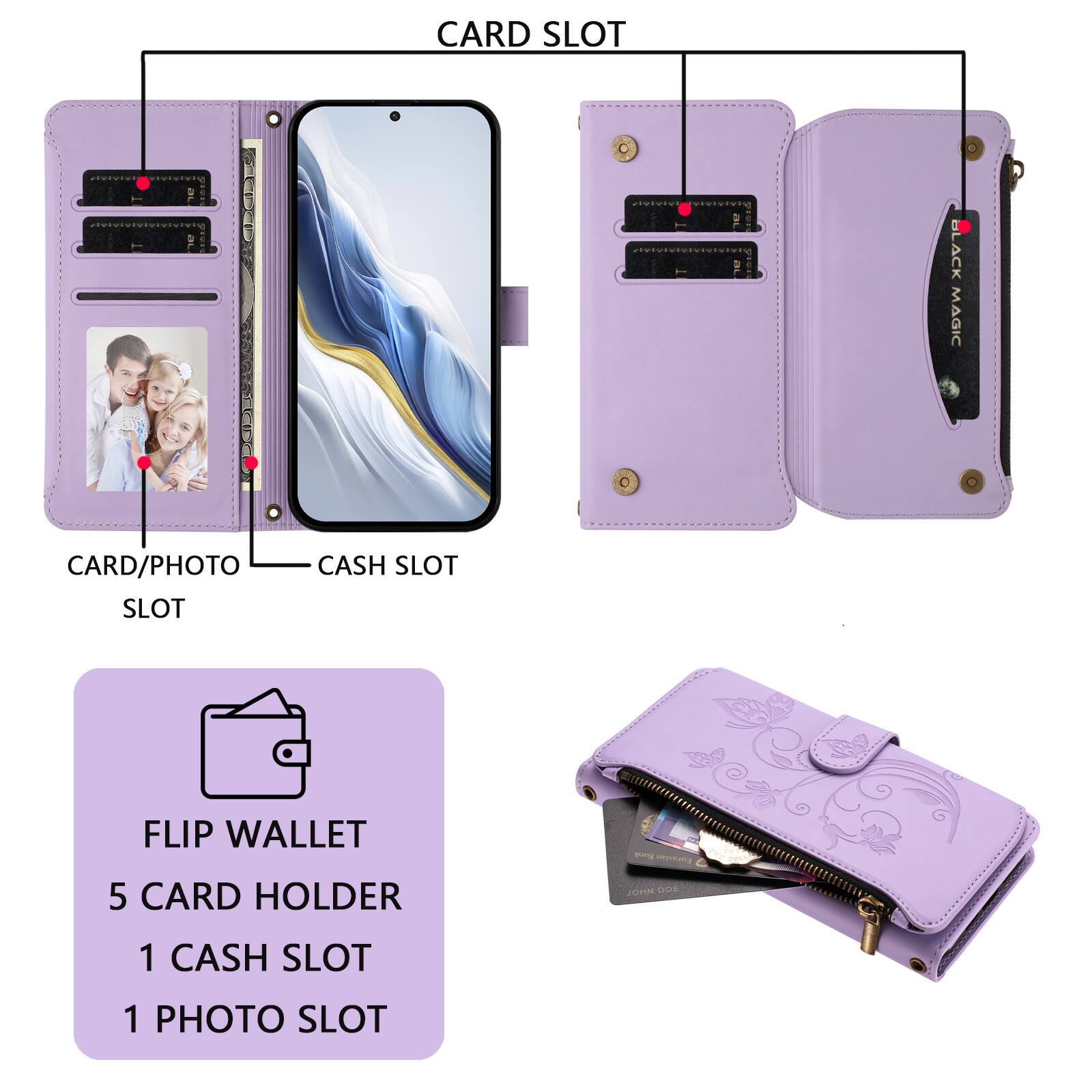 CARD SLOT  
CARD/PHOTO SLOT  
CASH SLOT  

FLIP WALLET  
5 CARD HOLDER  
1 CASH SLOT  
1 PHOTO SLOT