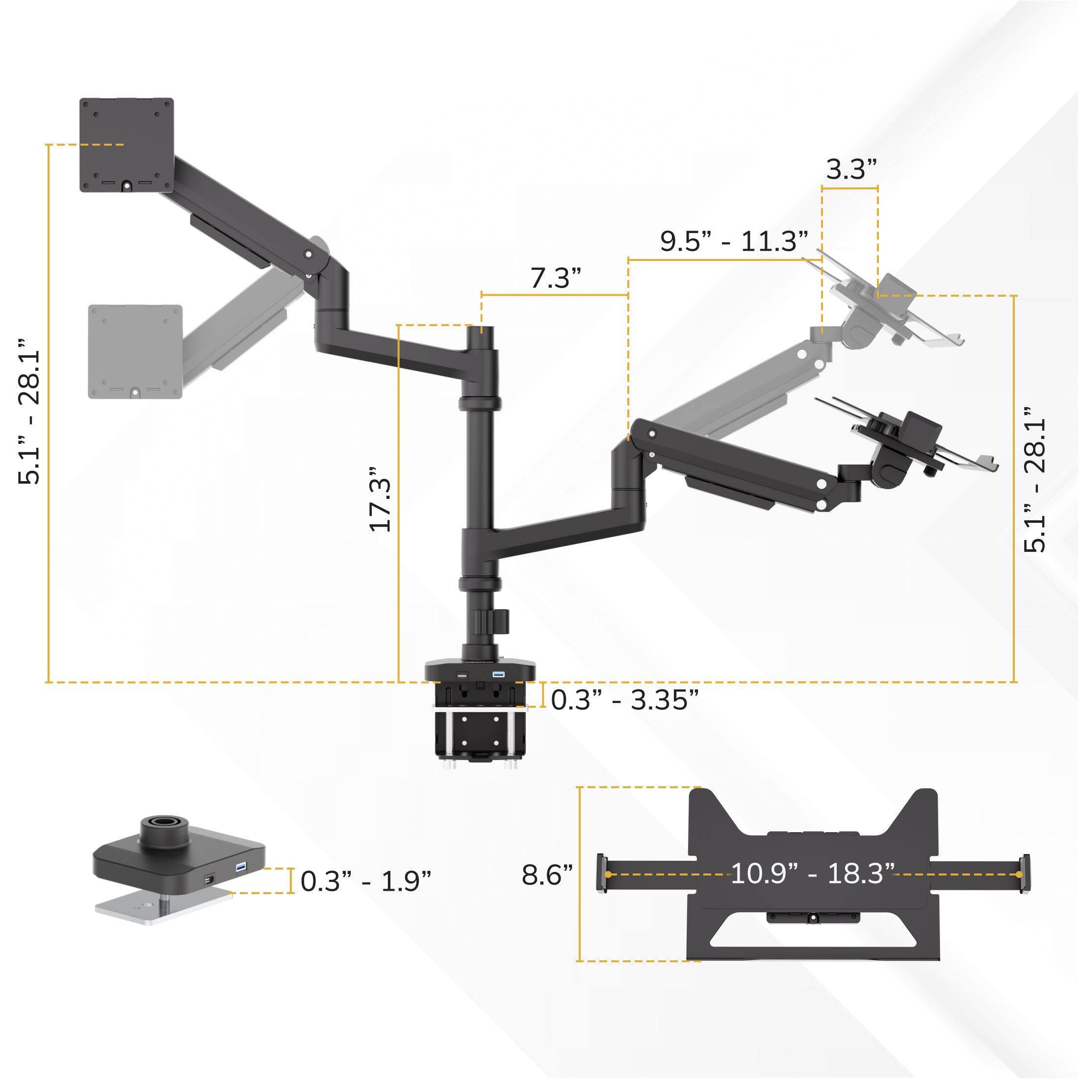 3.3"  
17.3"  
7.3"  
9.5" - 11.3"  
5.1"  
0.3" - 3.35"  
0.3" - 1.9"  
8.6"  
10.9" - 18.3"
