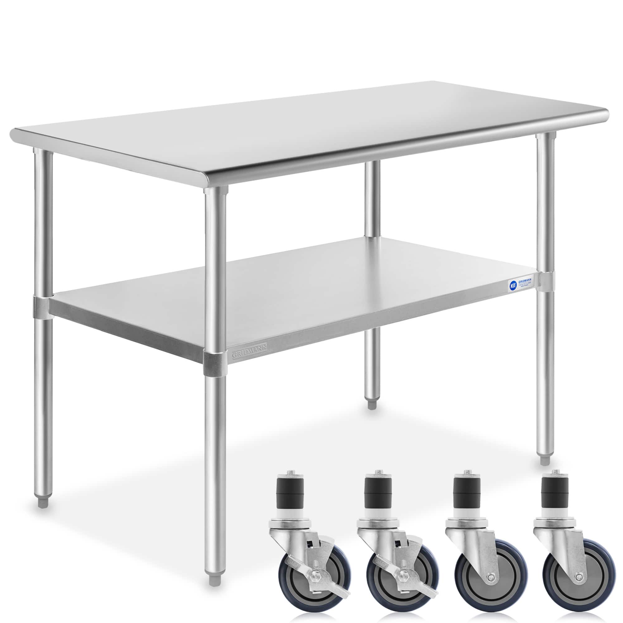 GRIDMANN - 48 x 24-in NSF Stainless Steel Prep Table with Casters - Silver