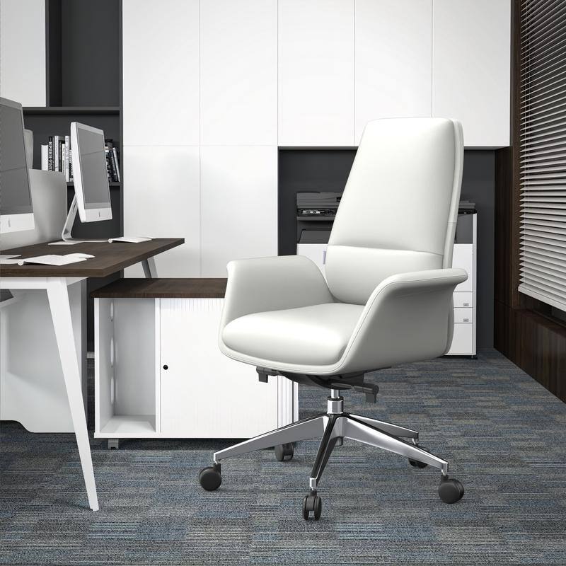 Angle. LeisureMod - Summit Leather Office Chair with Durable Metal Frame, Adjustable Height, Swivel, Tilt, and Plush Cushion Support - White.