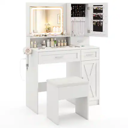 Front. Gymax - Gymax Farmhouse Vanity Set w/Mirror & Lights 3 Lighting Modes & Adjustable Brightness - White.