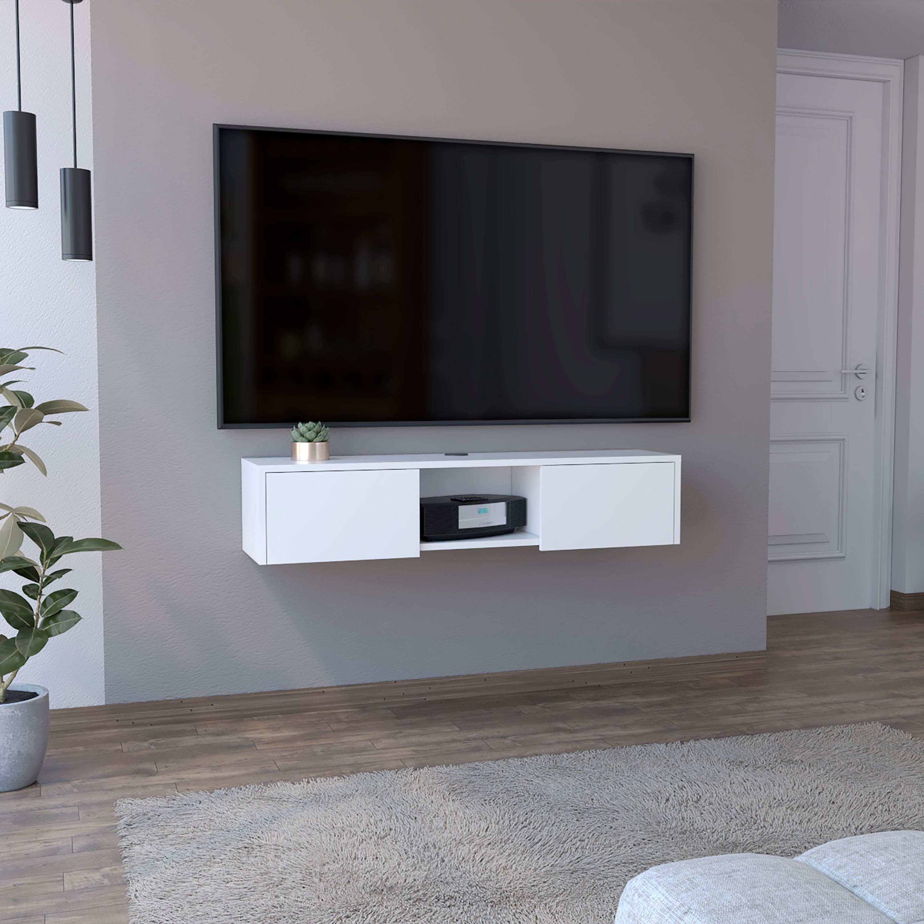 APRILSOUL - Adel Floating TV Stand Sleek Wall-Mounted Console with 2-Doors - White