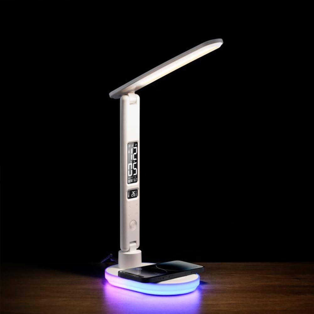 Angle. Dazzed Corner - LED Desk Lamp with 15W Wireless Charger, Digital Alarm Clock - White.