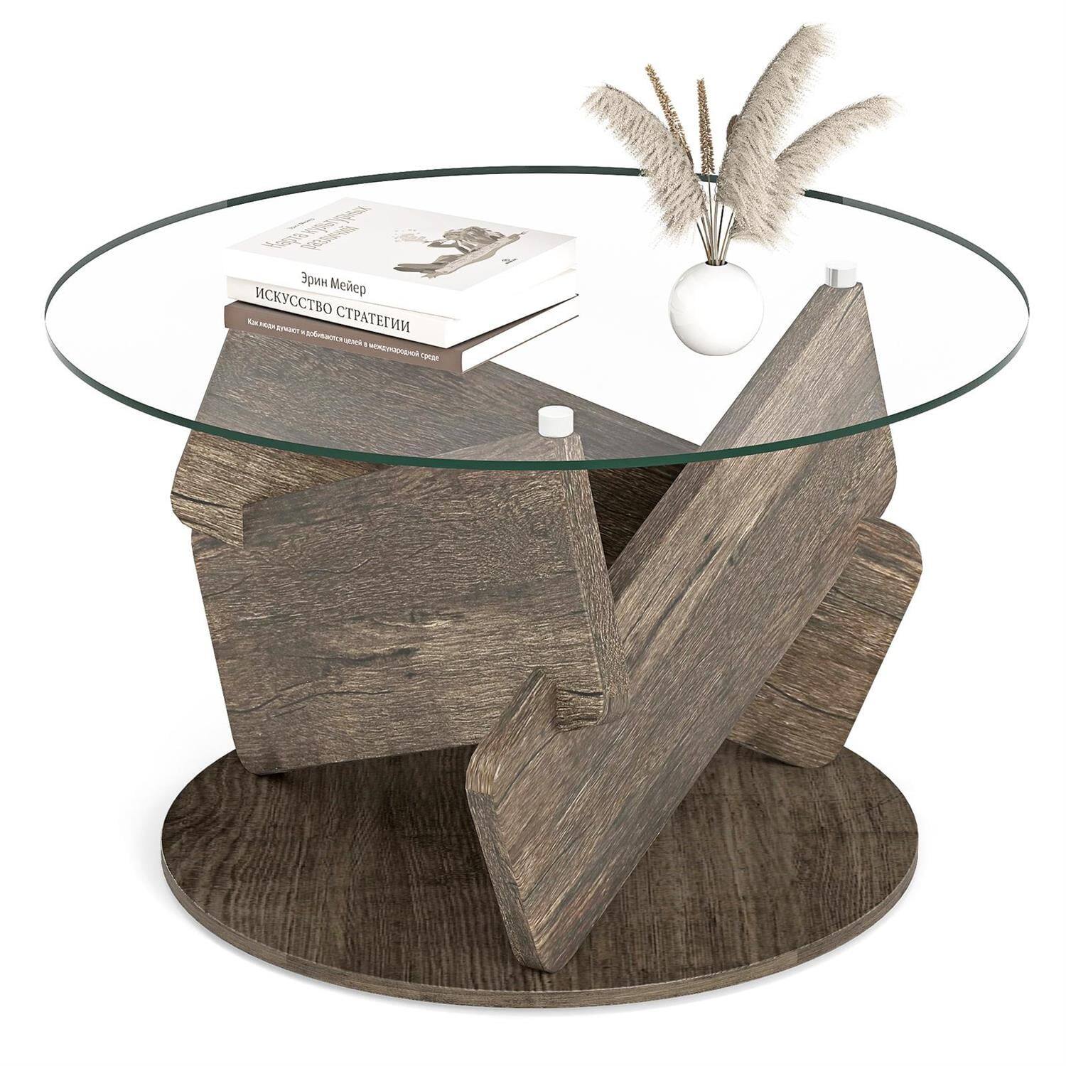 Left. Pefilos - 32" Round Glass Coffee Table, Tempered Glass Tabletop, Rubberwood Base Frame, Aluminum Support Bars, Gray - Gray.