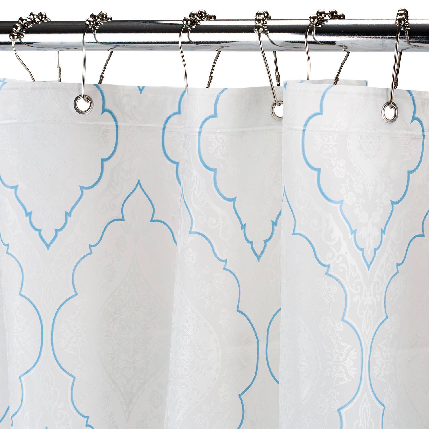 Angle. Kate Aurora - Kate Aurora Blue, White & Frosted Clear Moroccan Medallion Peva Vinyl Eco Friendly Shower Curtain - Standard Size - Clear.