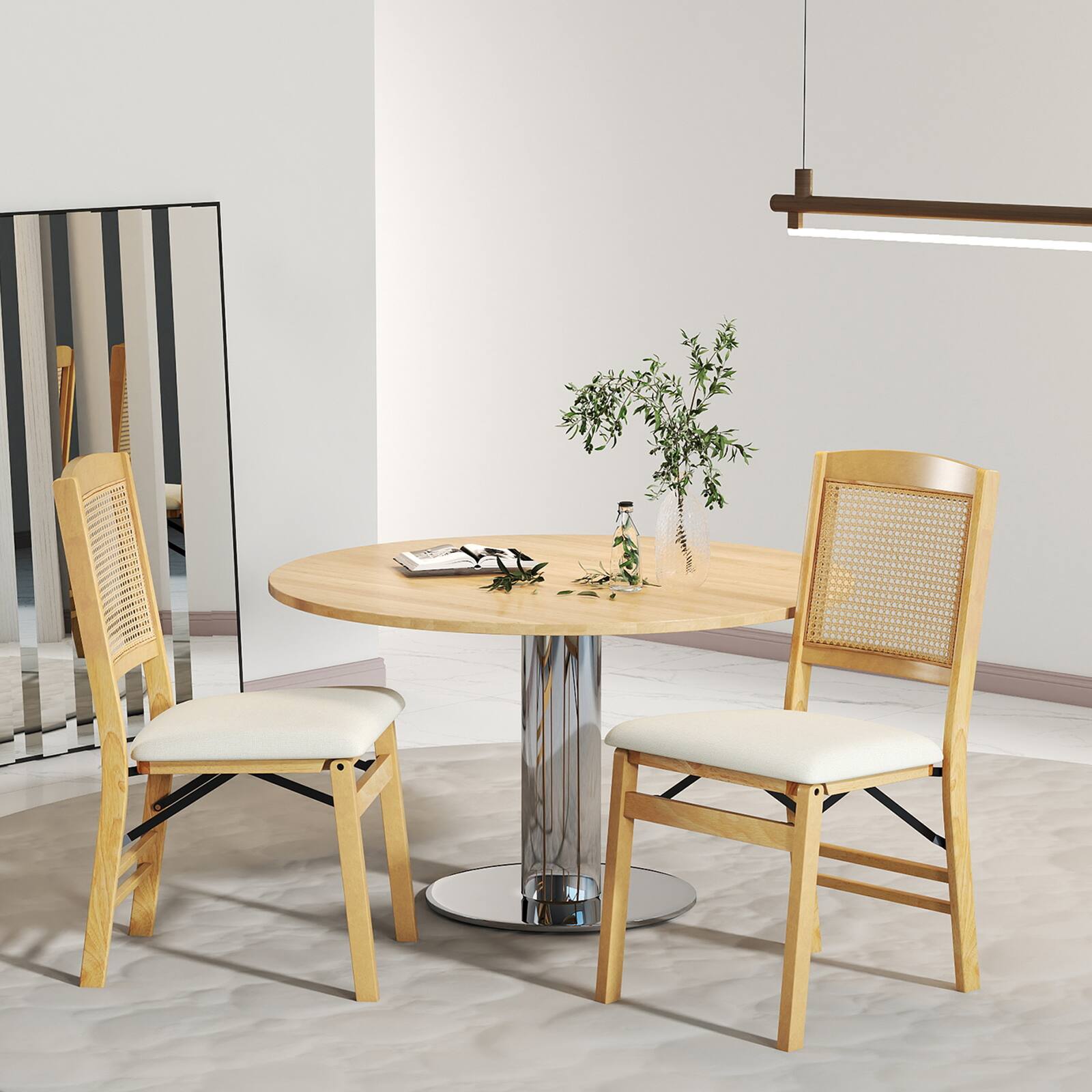 Alt View 4. Costway - Costway Folding Dining Chairs Set of 4 with Linen Padded Seat & Rattan Backrest for Kitchen - Natural + Beige.