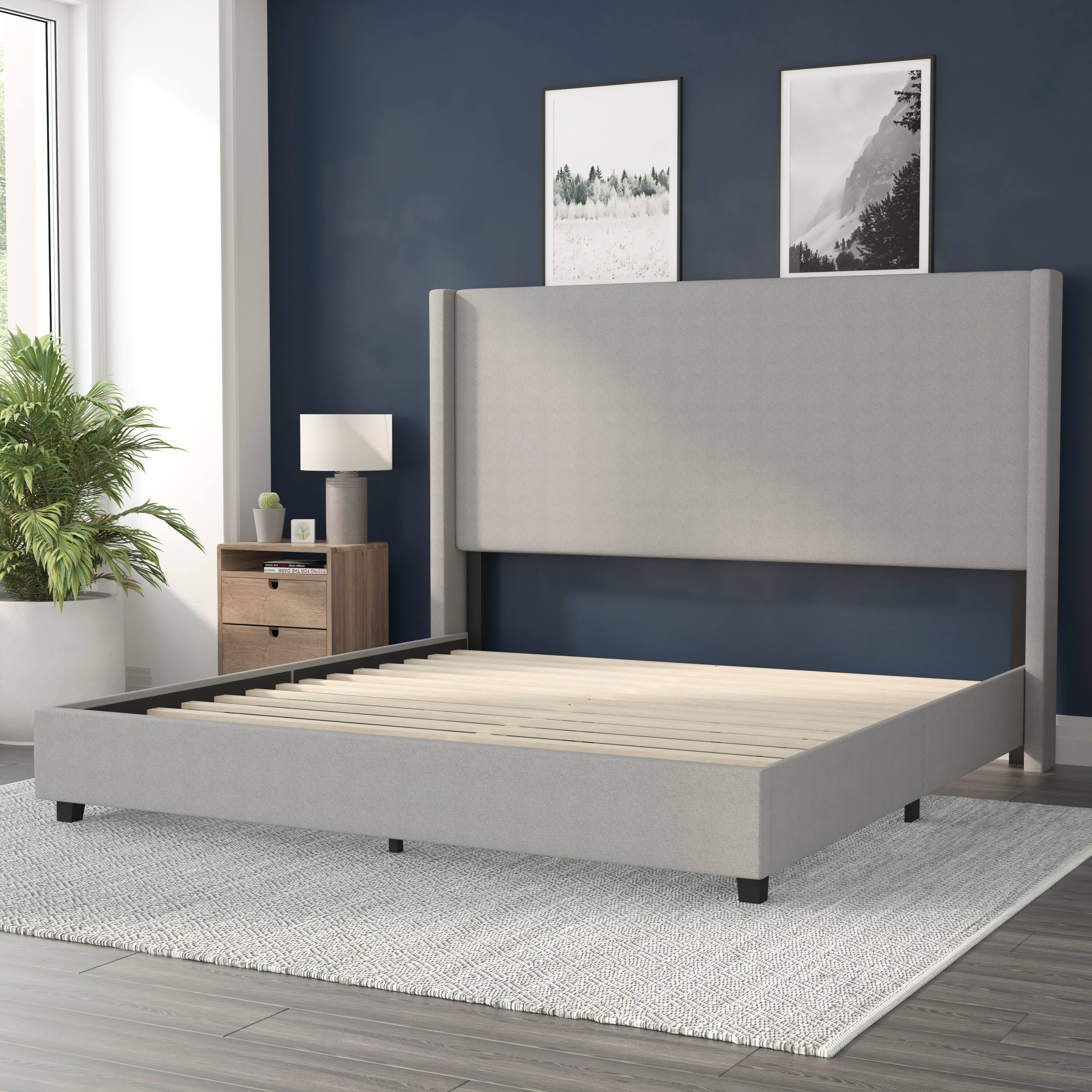 Alt View 1. Flash Furniture - Quinn King Upholstered Platform Bed with Channel Stitched Wingback Headboard, Mattress Foundation with Slatted Supports, - Gray.