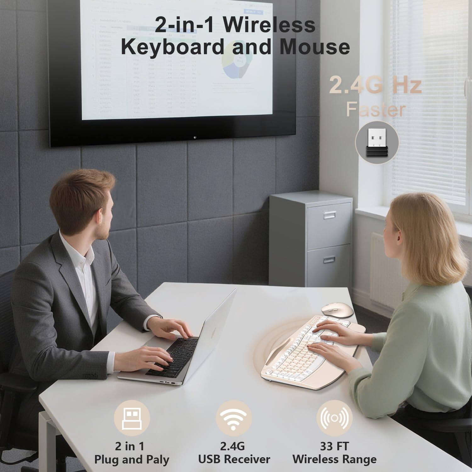 2-in-1 Wireless Keyboard and Mouse  
2.4G Hz Faster  
2 in 1 Plug and Play  
2.4G  
33 FT USB Receiver Wireless Range
