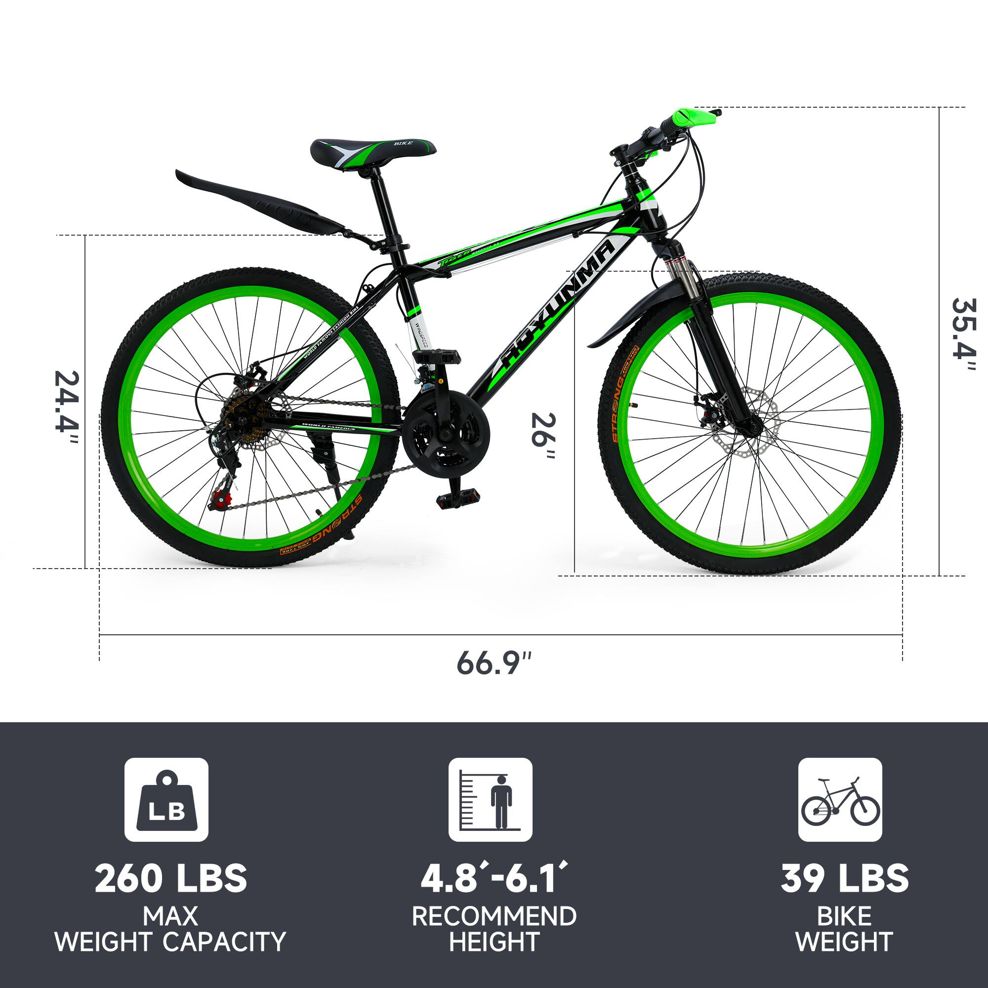 - 24.4" = CHOYUNMA UNMA
- 26" INRDNRUIE = 35.4"
- 66.9" LB
- 260 LBS MAX WEIGHT CAPACITY
- 4.8'-6.1' RECOMMEND HEIGHT
- 39 LBS BIKE WEIGHT