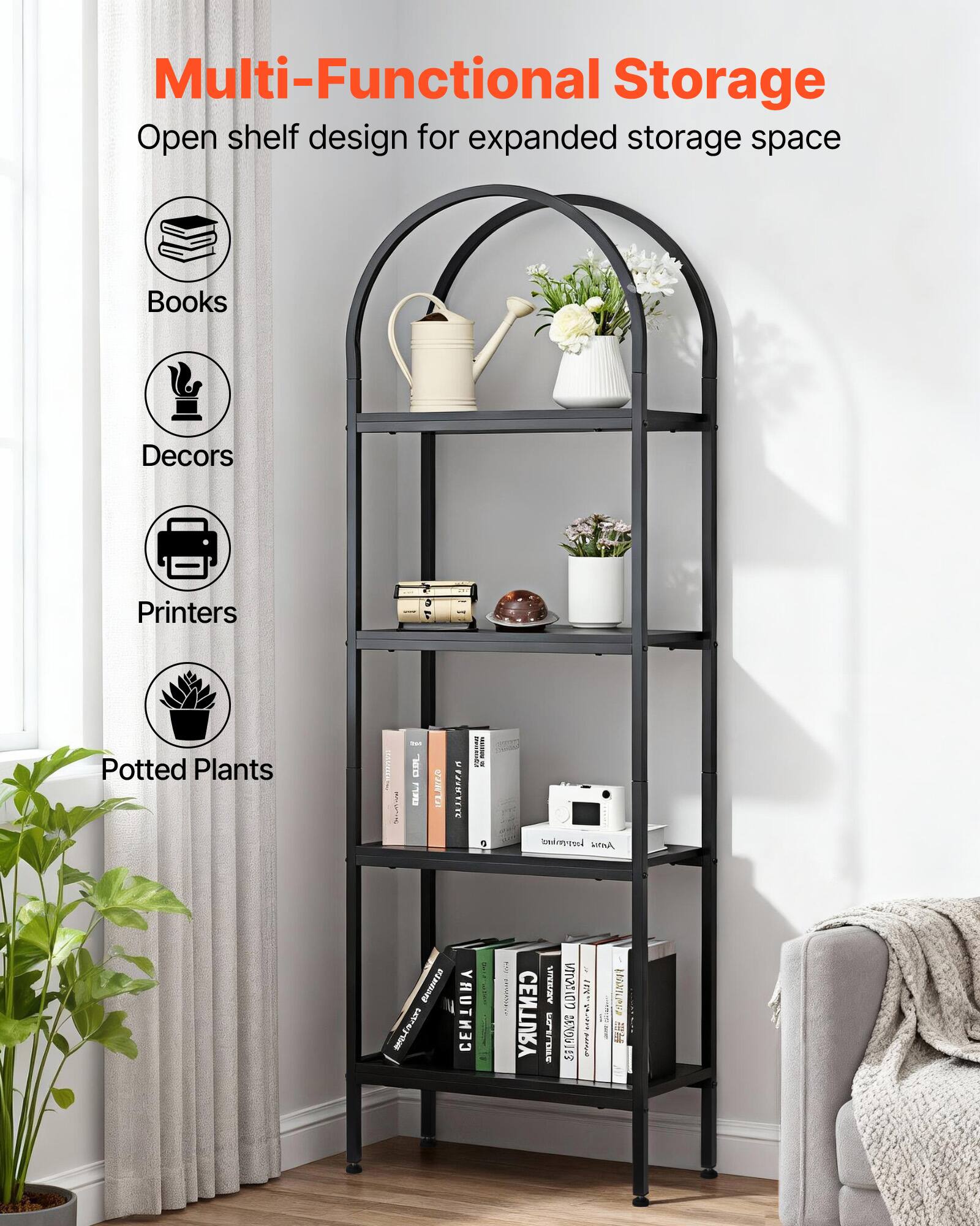 Multi-Functional Storage  
Open shelf design for expanded storage space  
Books  
Decors  
Printers  
Potted Plants