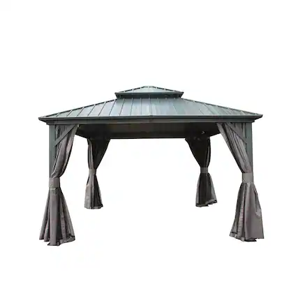 Front. Mondawe - 12' X 12' Outdoor Hardtop Gazebo with Full Netting and Privacy Curtains - Gray.