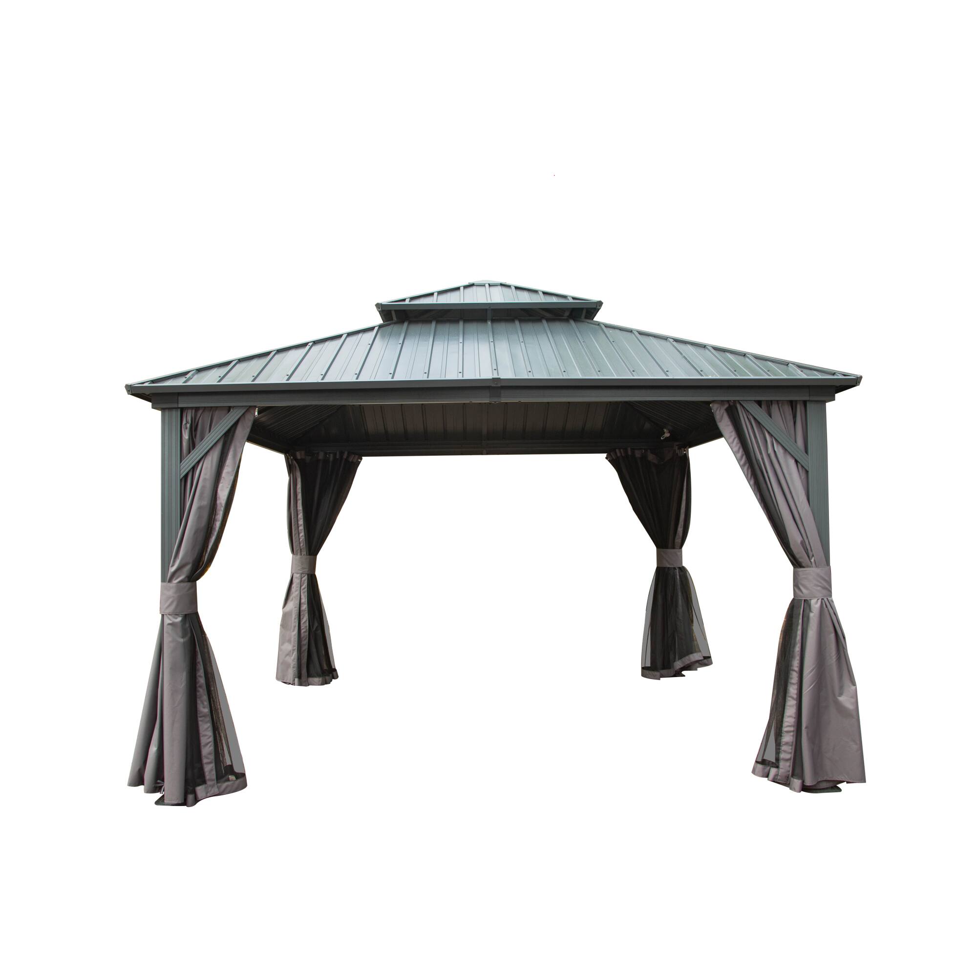 Front. Mondawe - 12' X 12' Outdoor Hardtop Gazebo with Full Netting and Privacy Curtains - Gray.