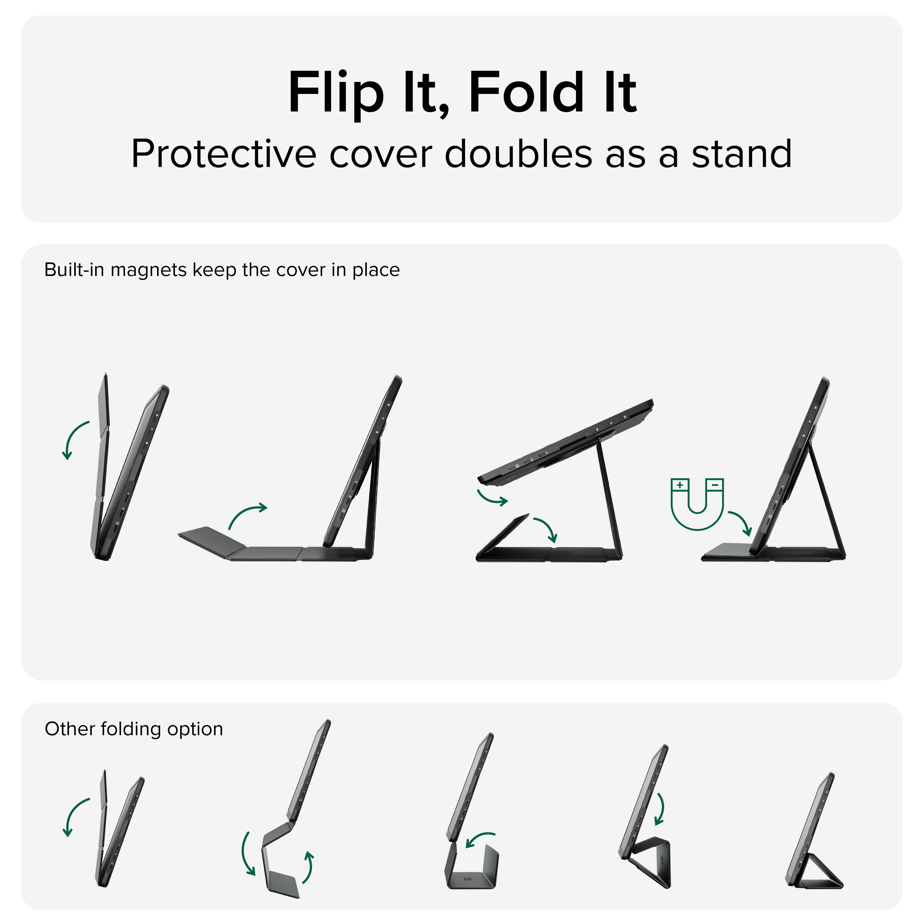 Flip It, Fold It: Protective cover doubles as a stand. Built-in magnets keep the cover in place. Other folding option.