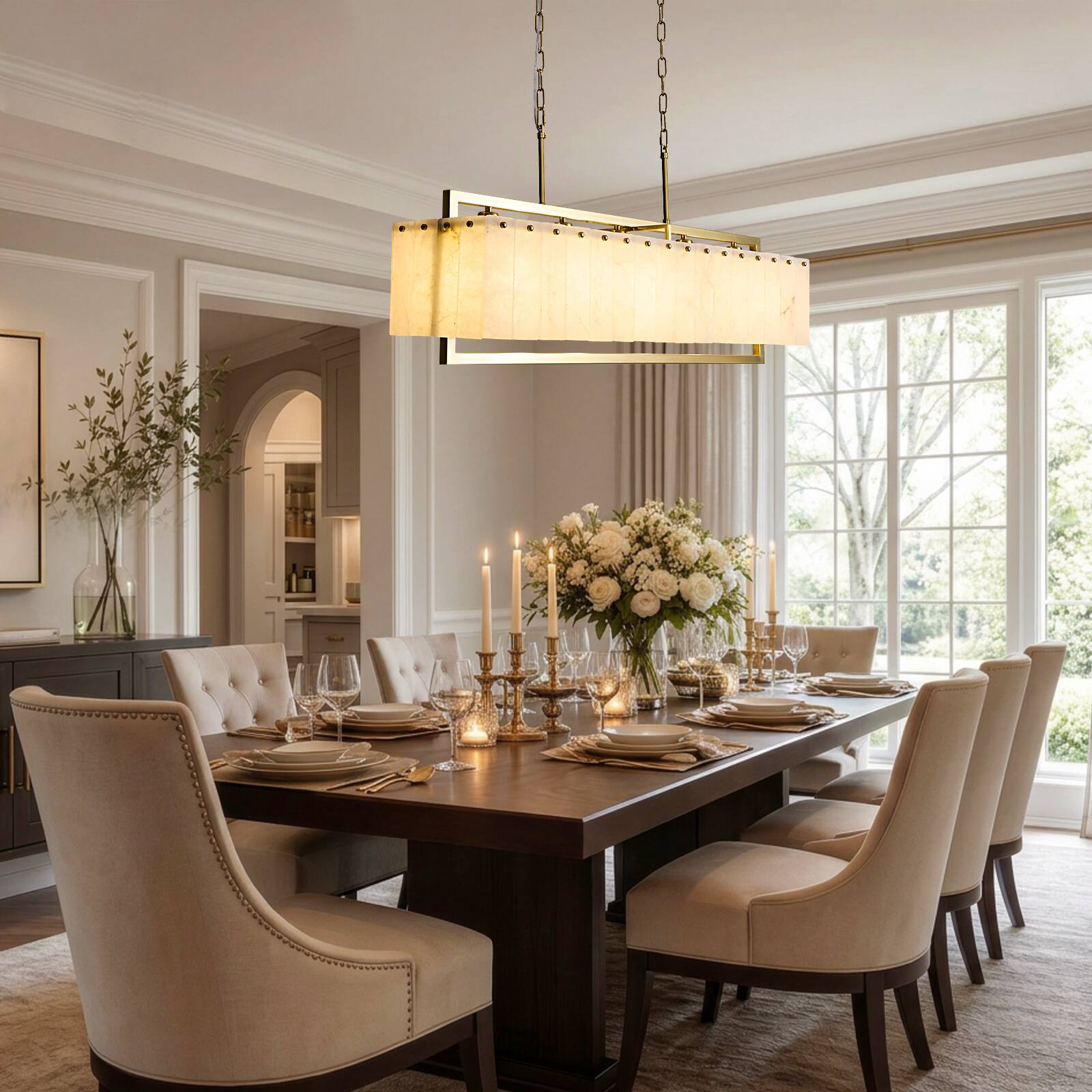 Angle. Siljoy - 40in Spanish Marble Pendant Light Fixtures with 5-Lights for Kitchen Island - Gold.