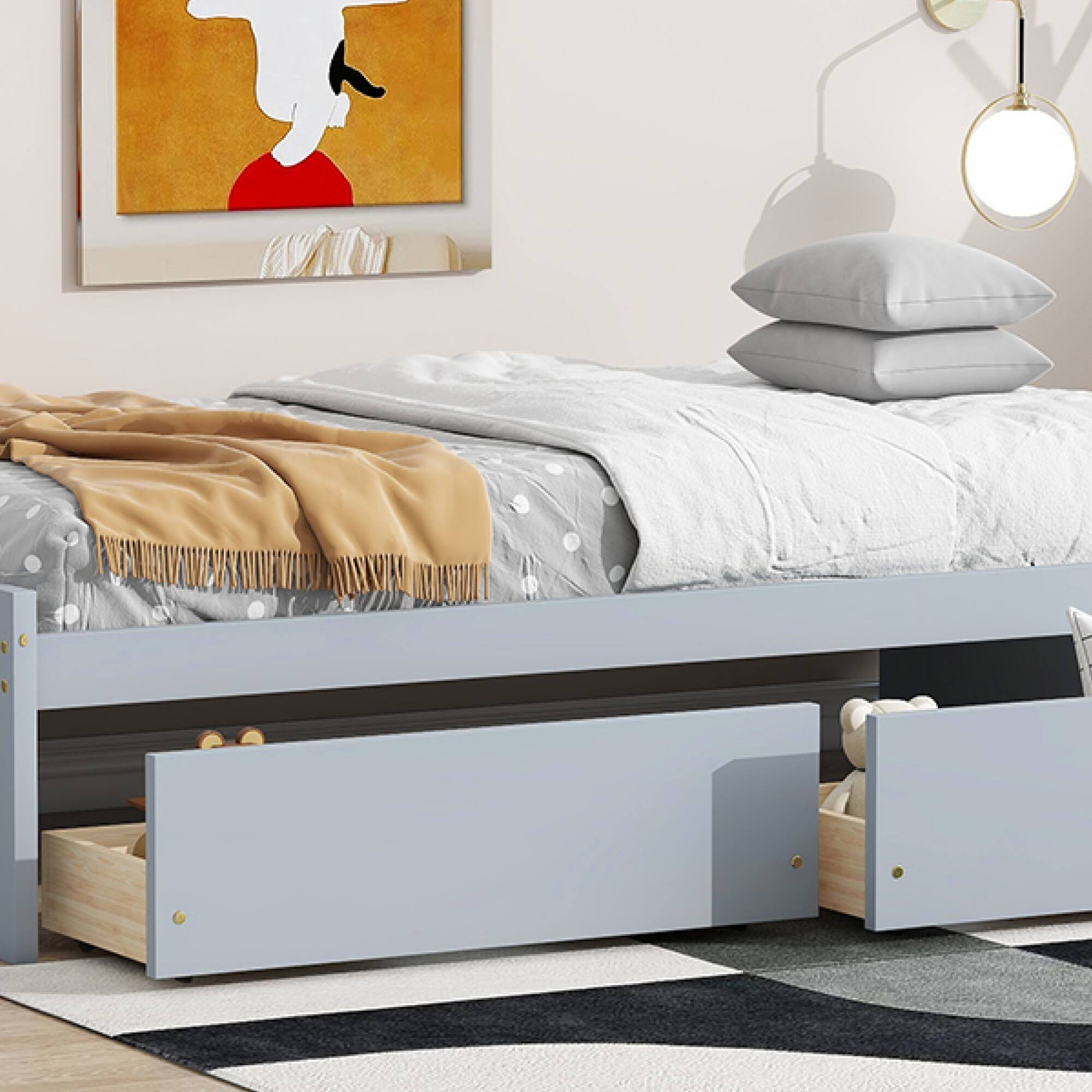 Alt View 9. GOODSILO - Twin Size Platform Bed with Two Underbed Storage Drawers for Space-Saving Bedroom Organization - Grey.
