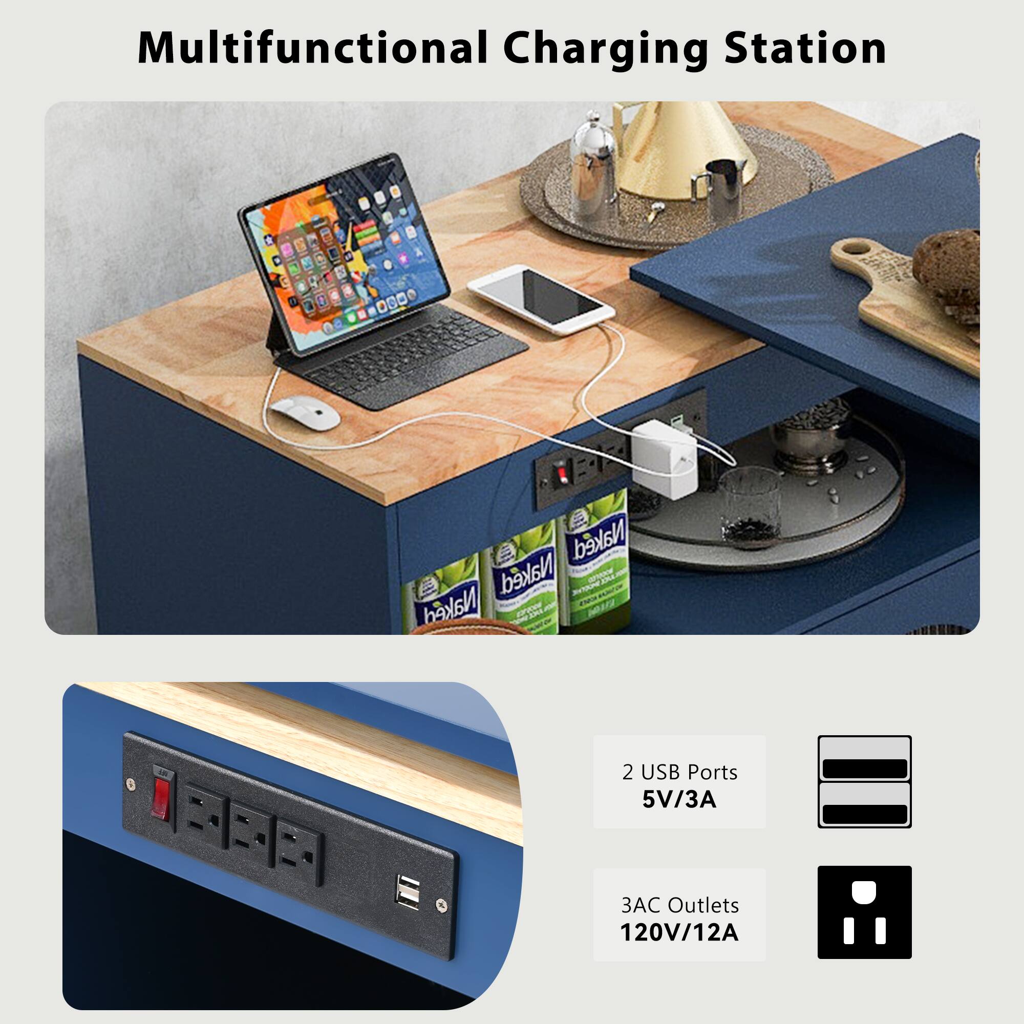 Multifunctional Charging Station

2 USB Ports  
5V/3A

3 AC Outlets  
120V/12A