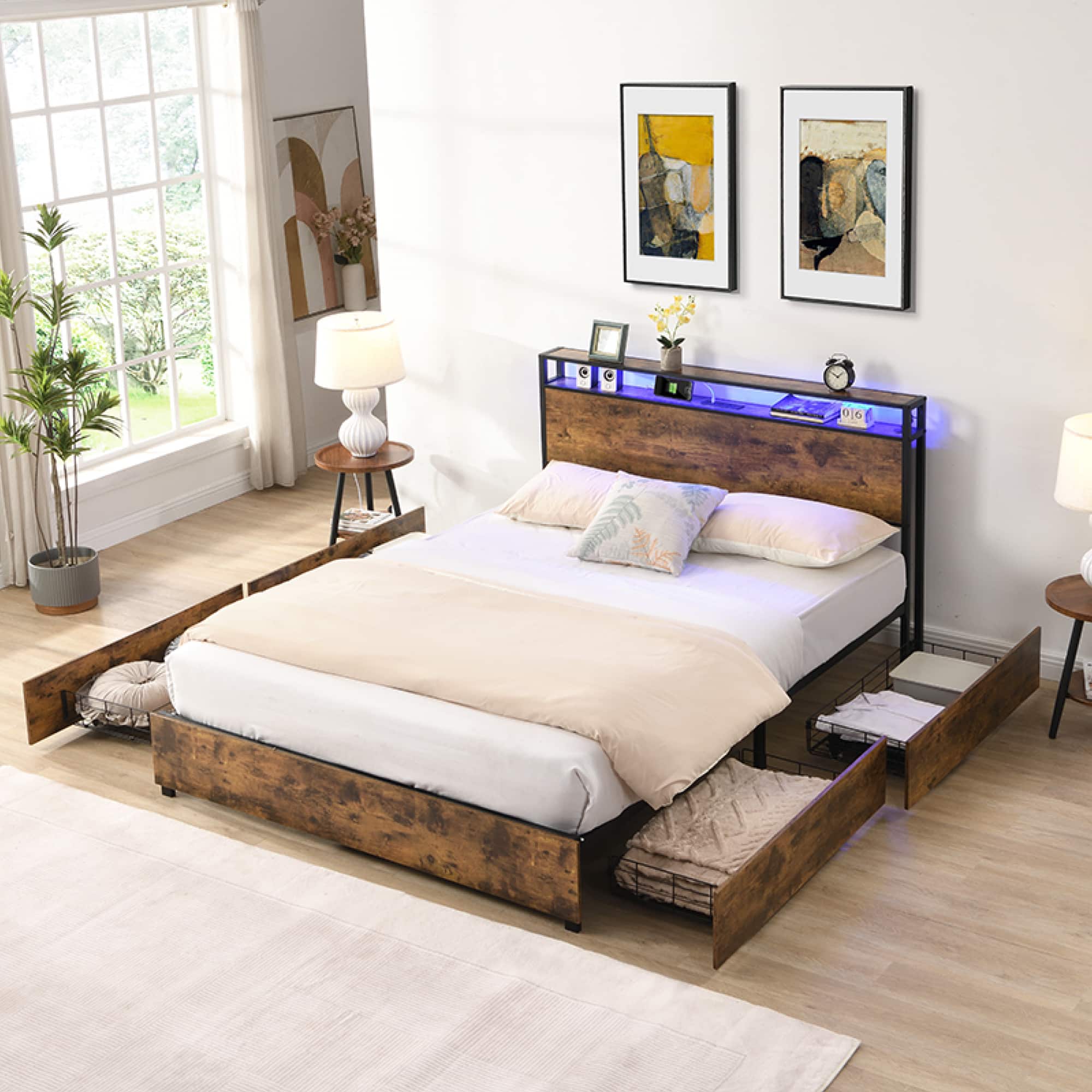 GOODSILO - Full Size Storage Bed Frame with Charging Station and LED Lighting for Modern Bedrooms - Black+Brown