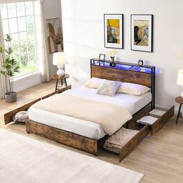 GOODSILO - Full Size Storage Bed Frame with Charging Station and LED Lighting for Modern Bedrooms - Black+Brown