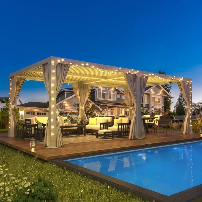 Left. U-HOMY - 10'x20' Aluminum Pergola with Adjustable Rainproof Louver Roof & Integrated Gutter System - White.