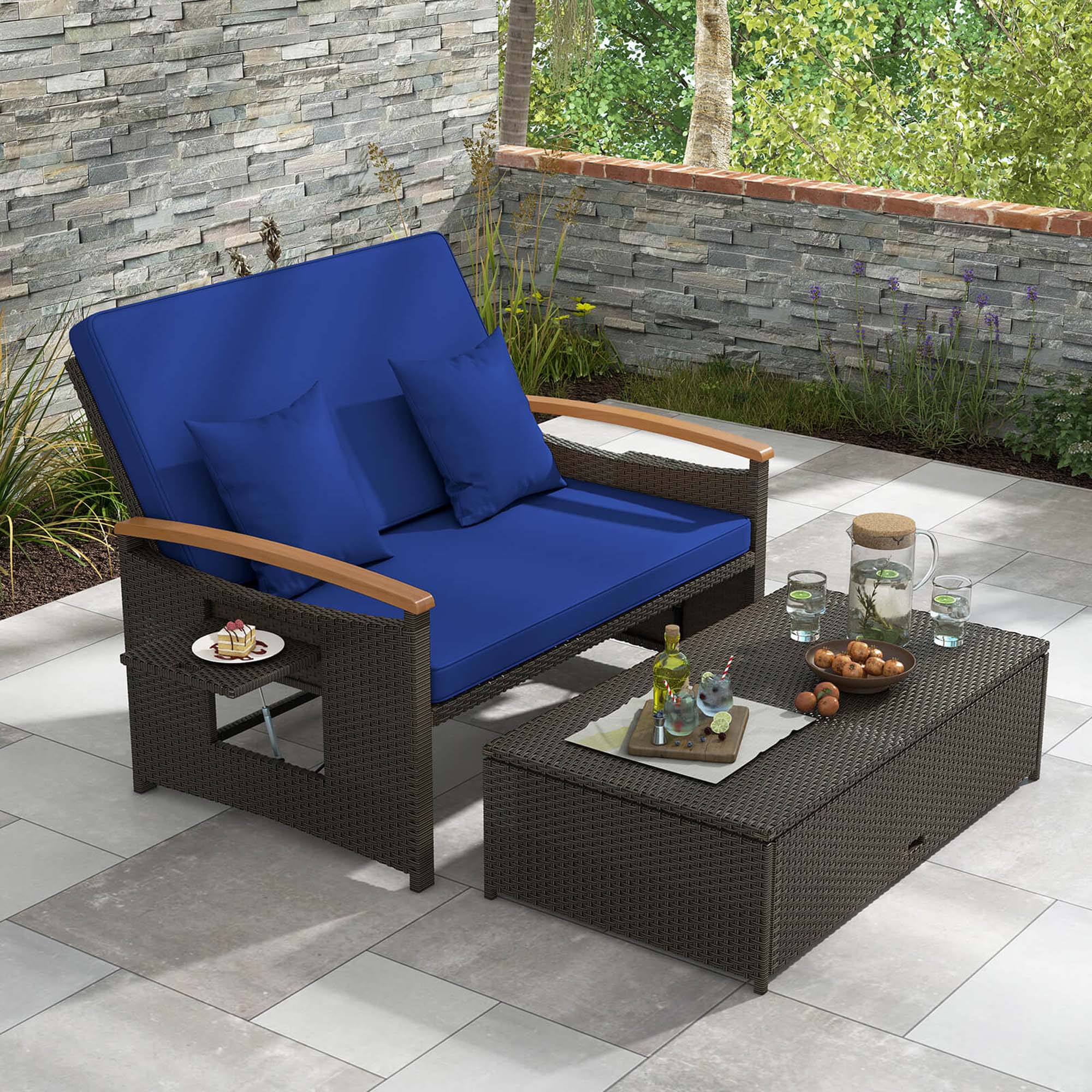 Alt View 3. Costway - Patio Rattan Daybed Set with Cushioned Loveseat & Storage Ottoman for Porch - Navy.