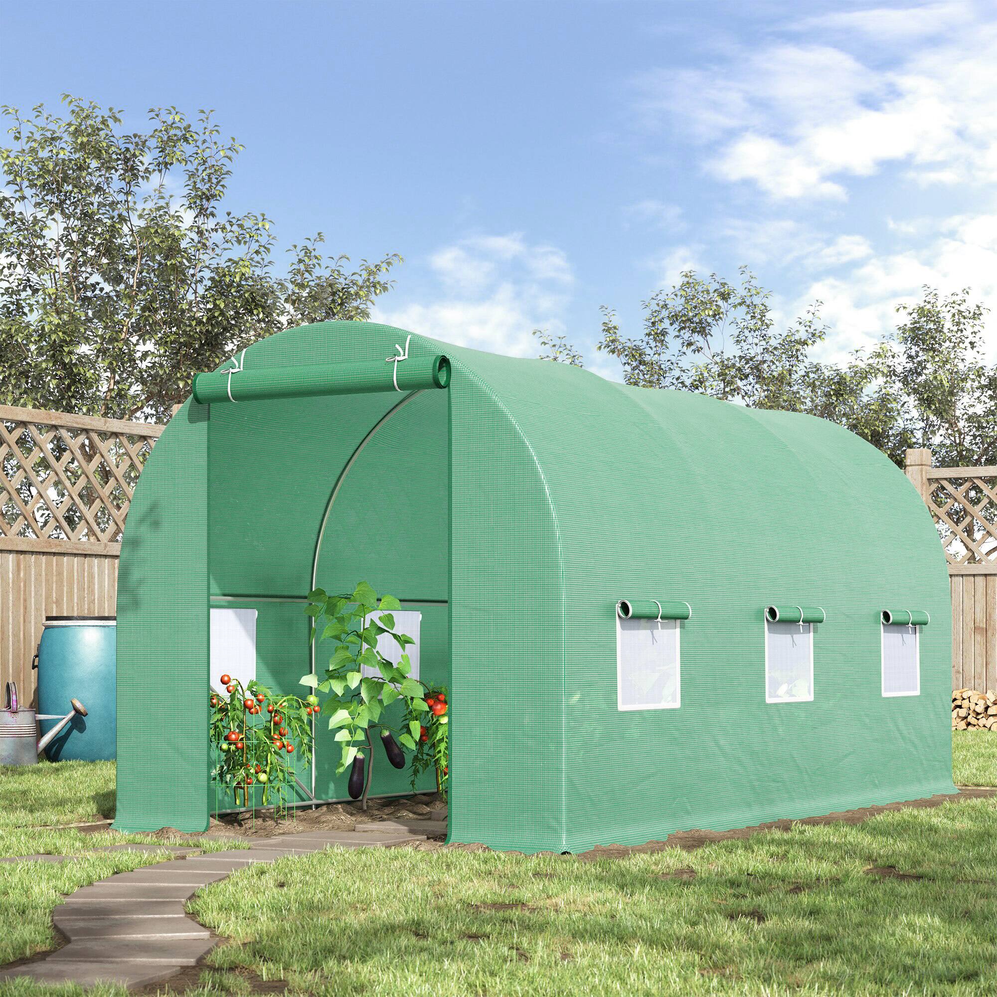 Alt View 1. Outsunny - 15' x 6' x 7' Walk-in Tunnel Greenhouse, Garden Green House with Roll-Up Door and Windows, Plant Growing House.