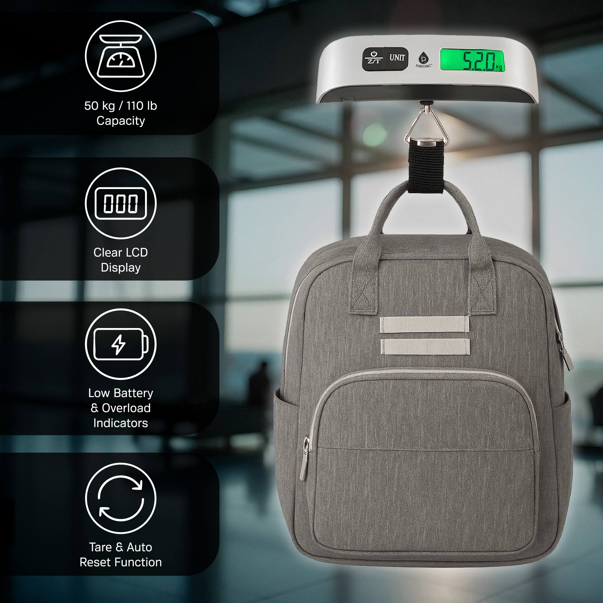 UNIT B  
520 g  
50 kg / 110 lb Capacity  
Clear LCD Display  
4 Low Battery & Overload Indicators  
Tare & Auto Reset Function