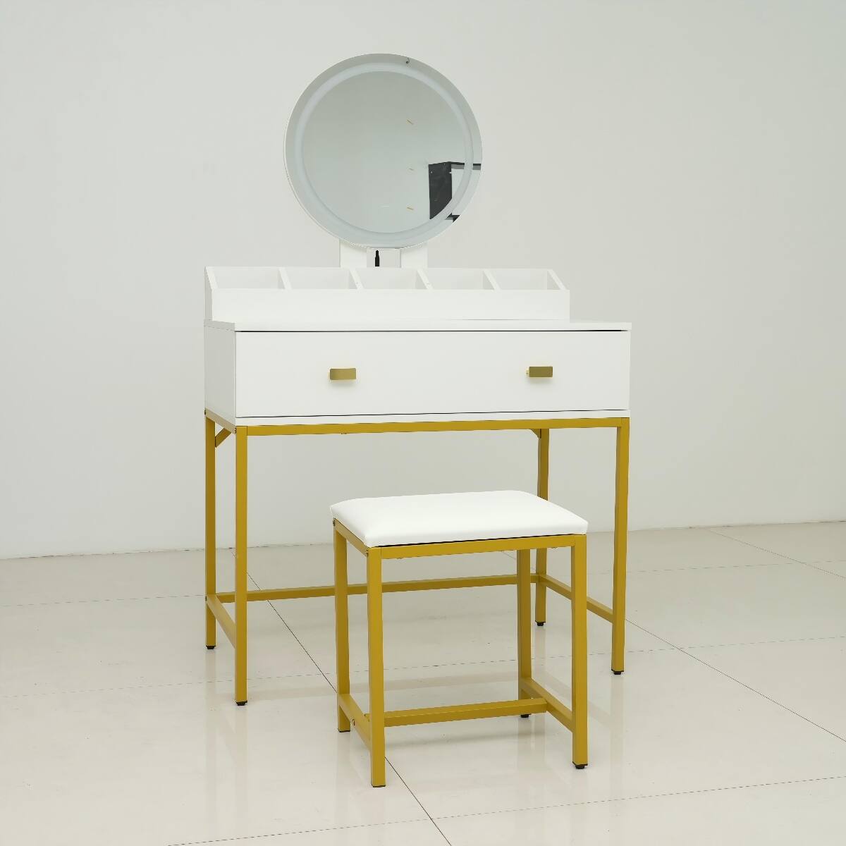 Angle. Loheer - Loheer Makeup Vanity Set with Mirror and Stool, White and Gold, Compact - Ancient White.