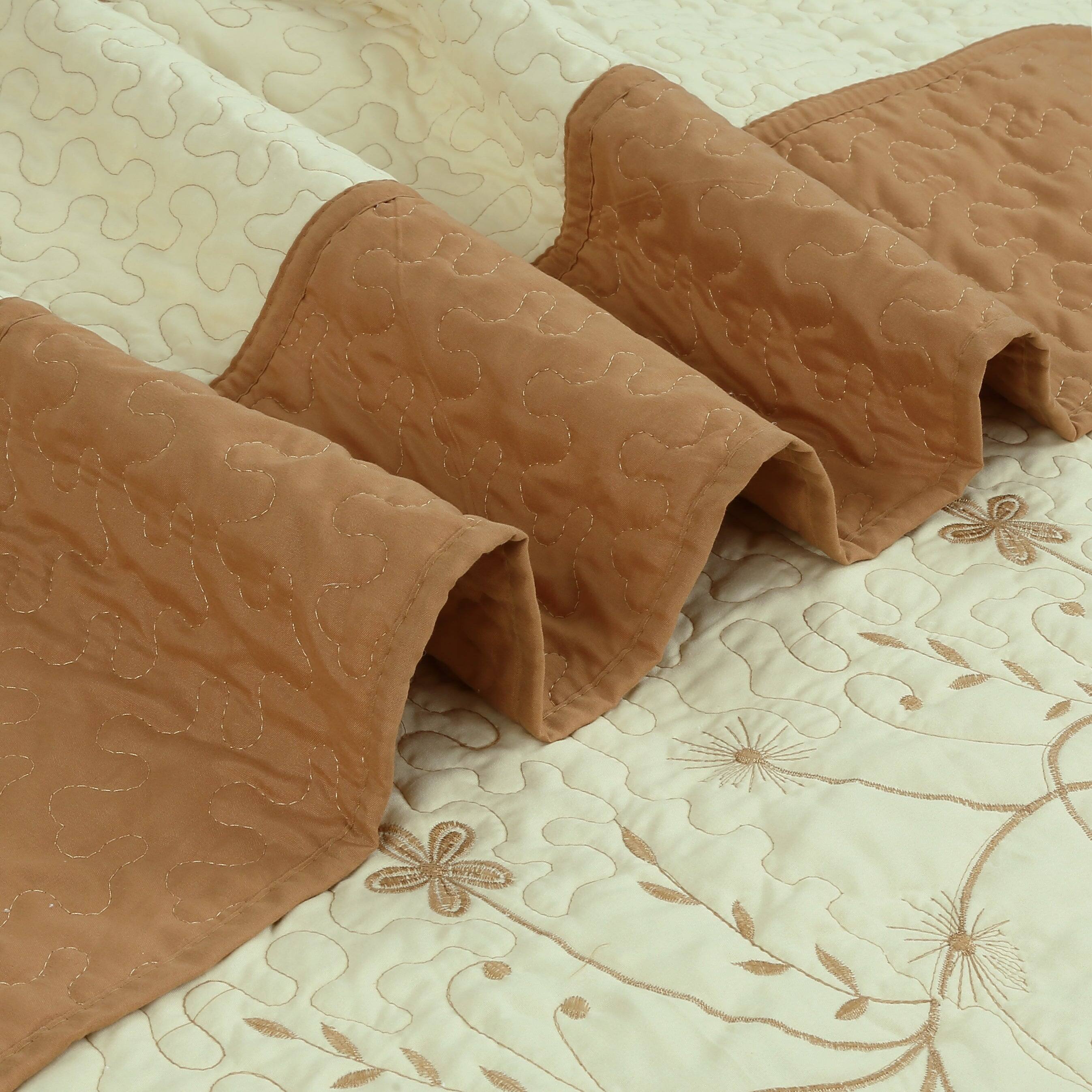 Back. MarCielo - Marcielo 3 Piece Queen Size Embroidery Quilt Set Lightweight Bedspread Set Queen - Gold and Cream.