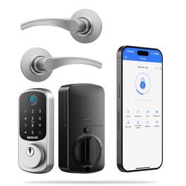 DESLOC - B200 Smart Lock Keyless Entry Fingerprint Deadbolt with Handle/Lever Set, Front Door Replacement, Bluetooth App - Silver